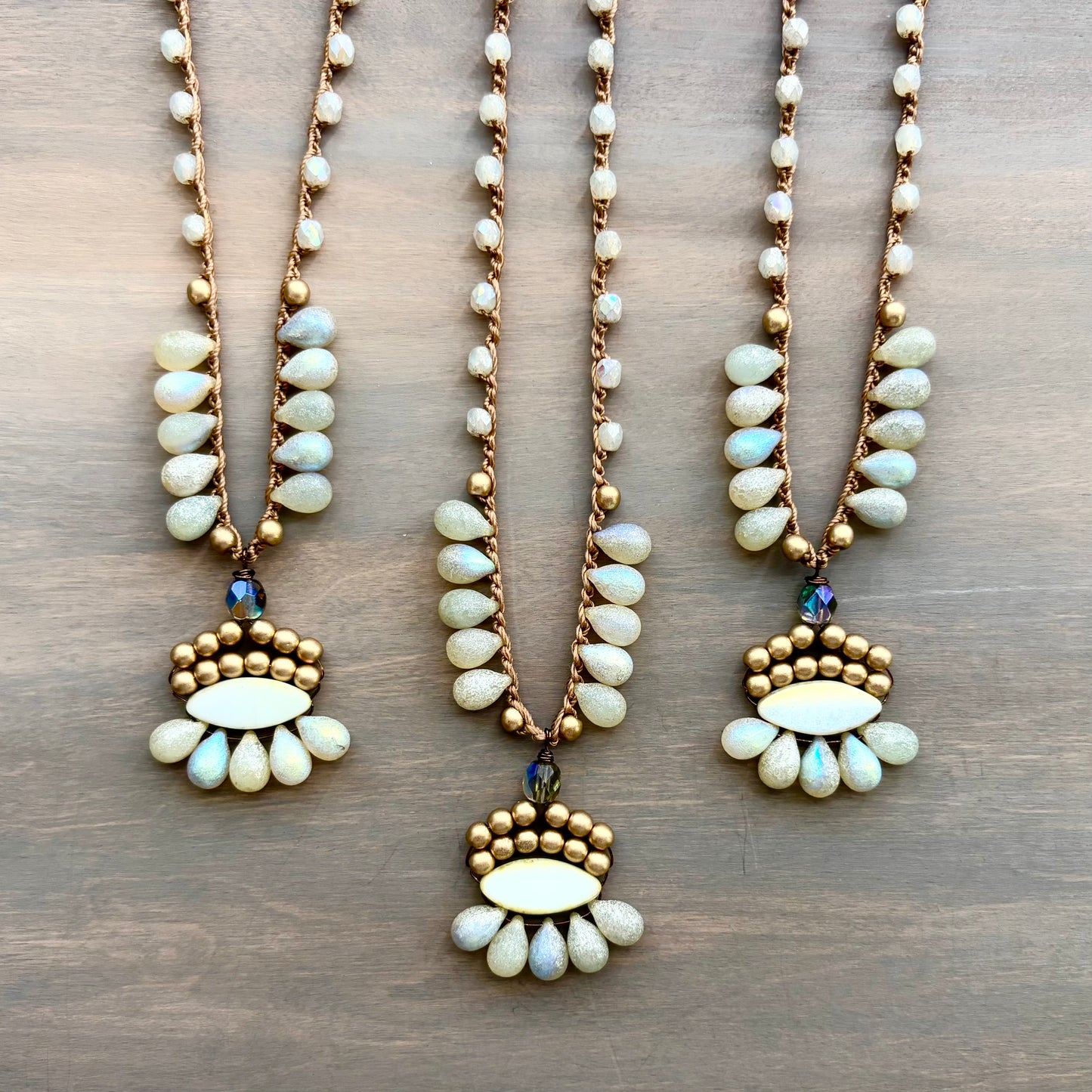 Ivory Frost Crystal Drop Boho Necklace With Crocheted Czech Crystal