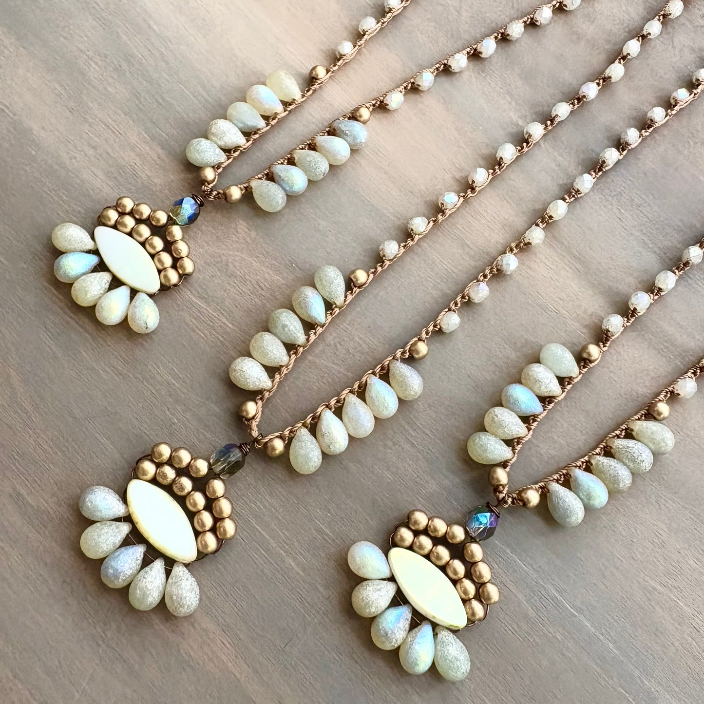 Ivory Frost Crystal Drop Boho Necklace With Crocheted Czech Crystal