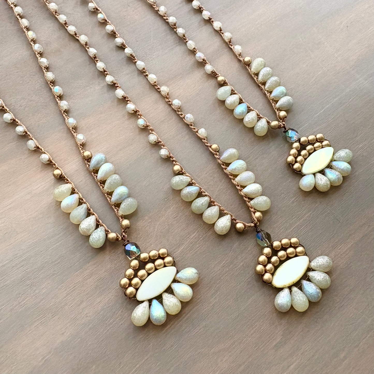 Ivory Frost Crystal Drop Boho Necklace With Crocheted Czech Crystal