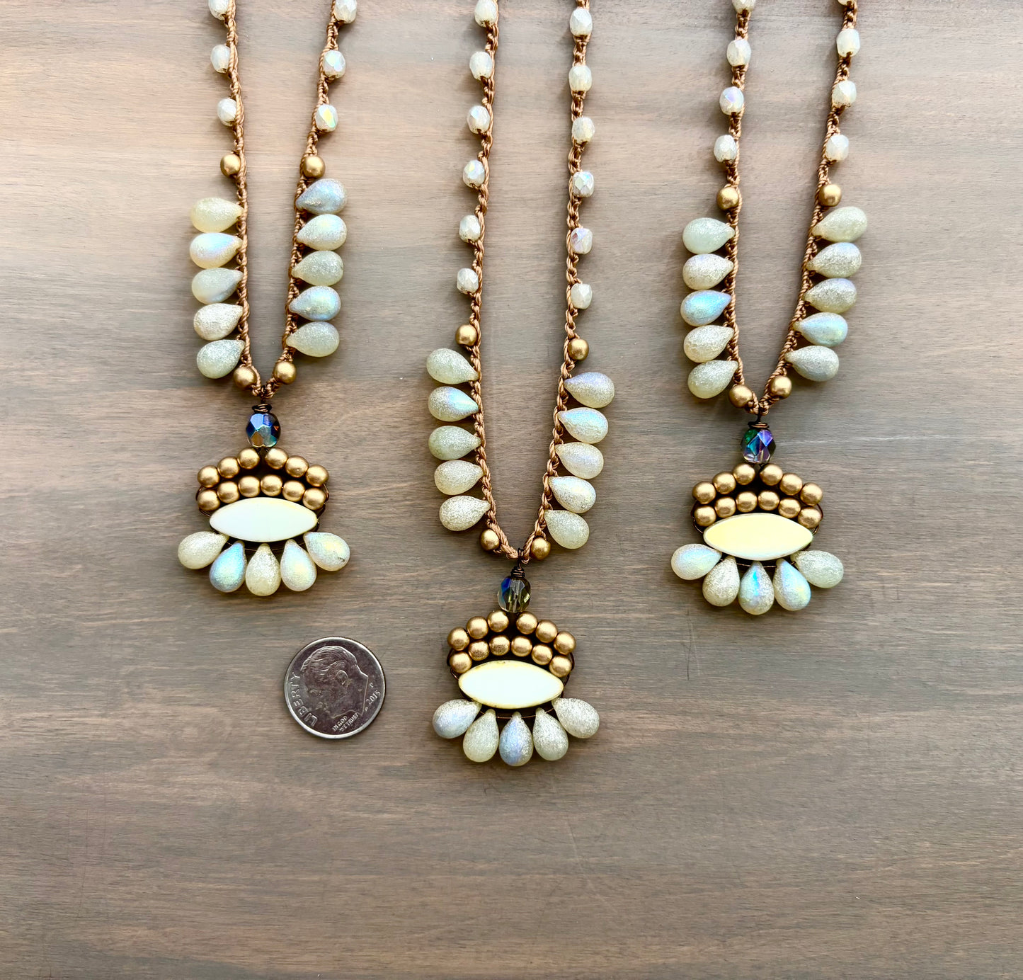 Ivory Frost Crystal Drop Boho Necklace With Crocheted Czech Crystal