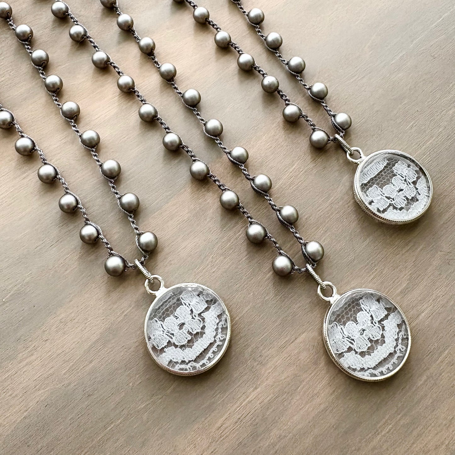 Vintage Lace Pendant Necklace with Matte Grey Glass Pearls