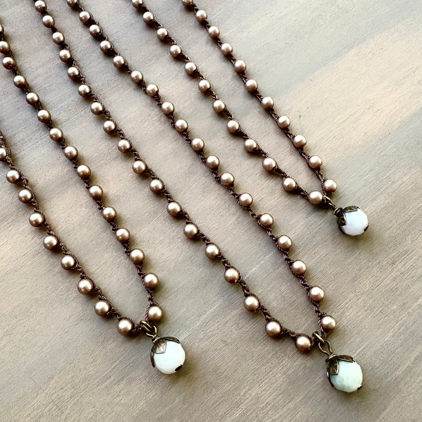 Faceted Aquamarine Drop With Crocheted Glass Pearls