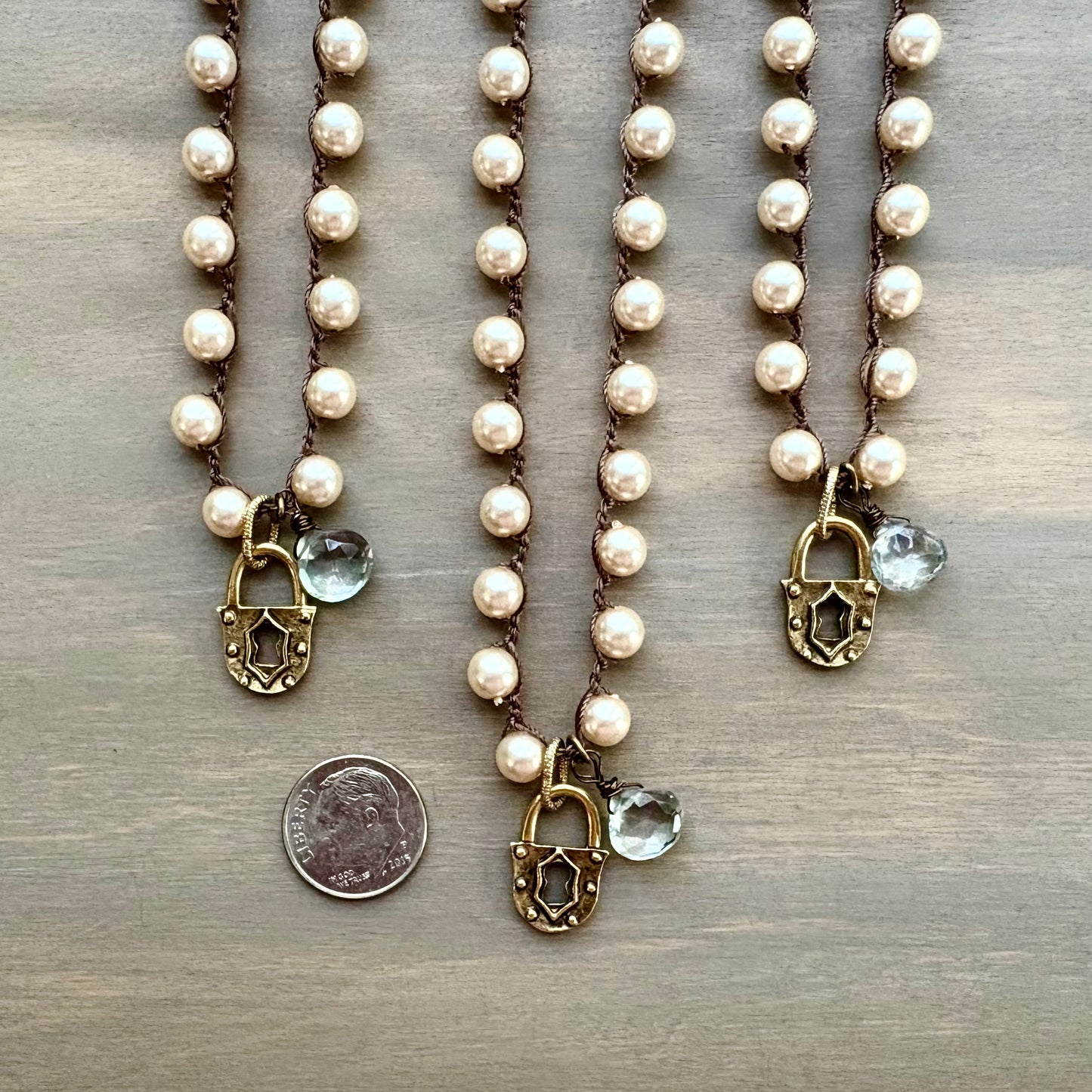 Faceted Green Quartz Drop & Golden Lock Charm Necklace With Glass Pearls