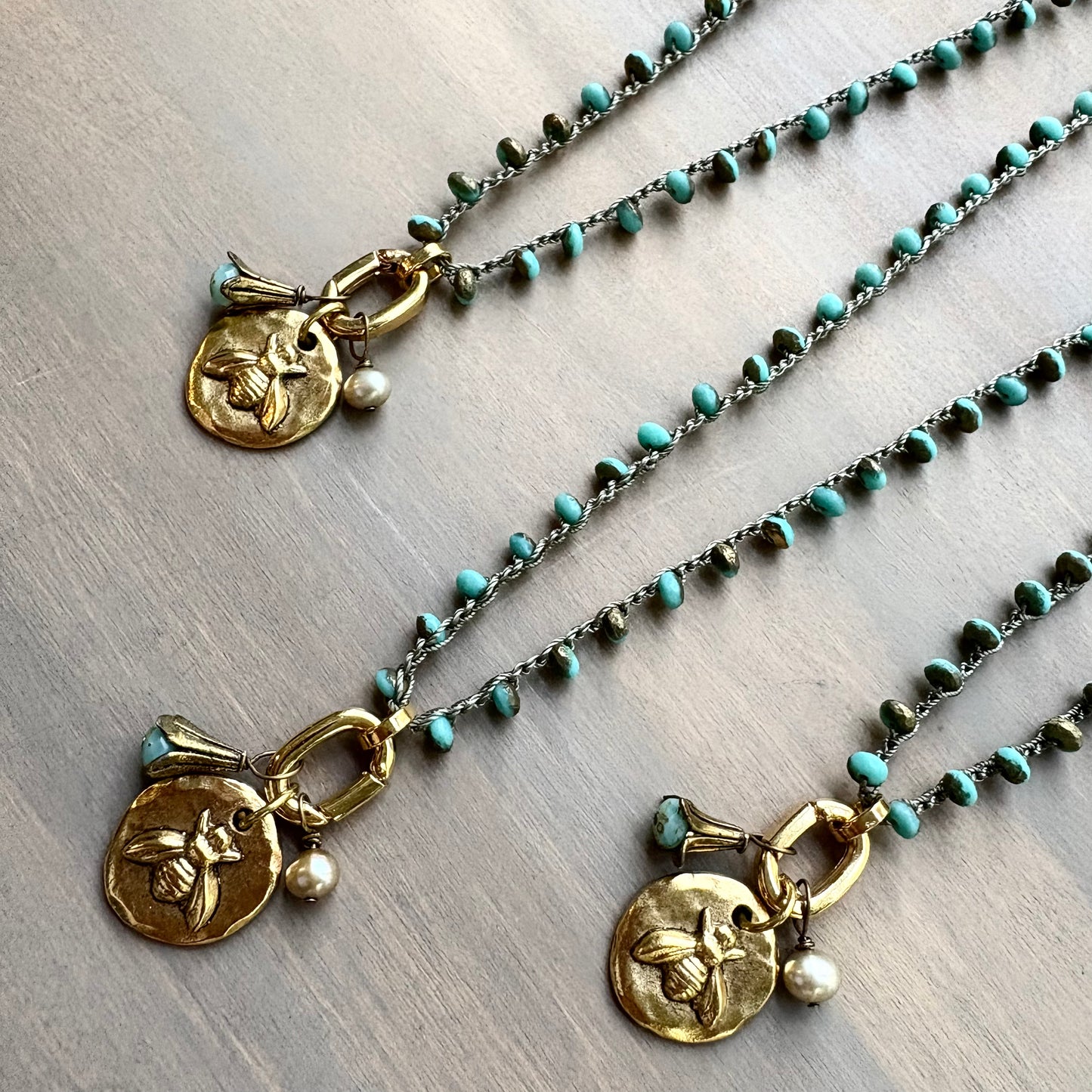 Honey Bee Charm Necklace With Freshwater Pearl and Flower Drop