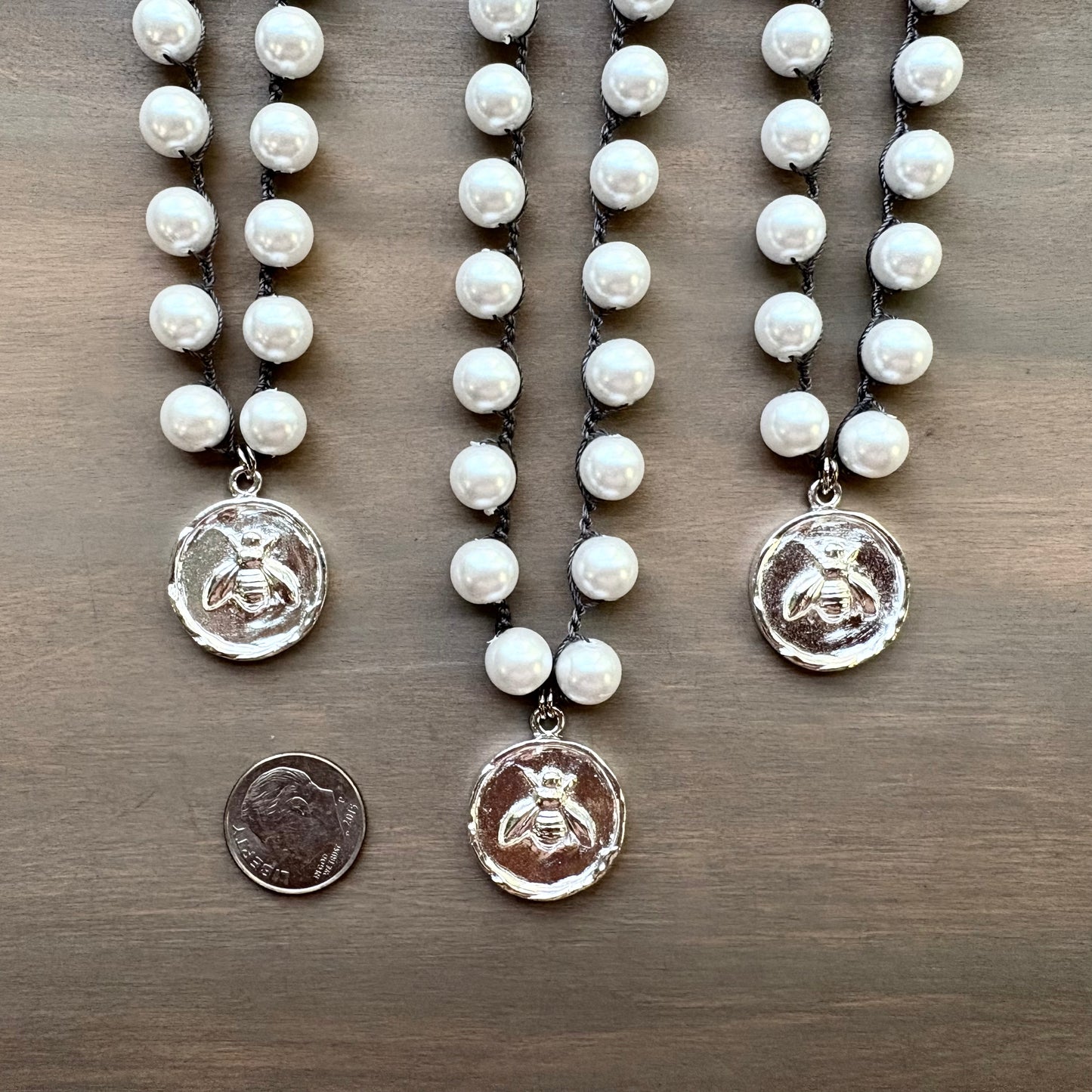 Silver Honey Bee Charm Necklace With Crocheted Glass Pearl Strand