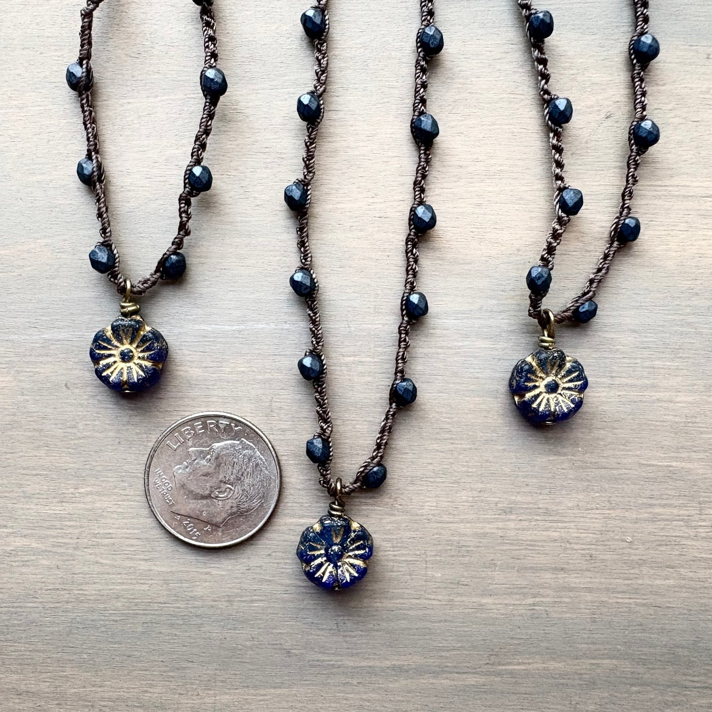 Antique Indigo Dainty Flower Necklace Blue Crystal
