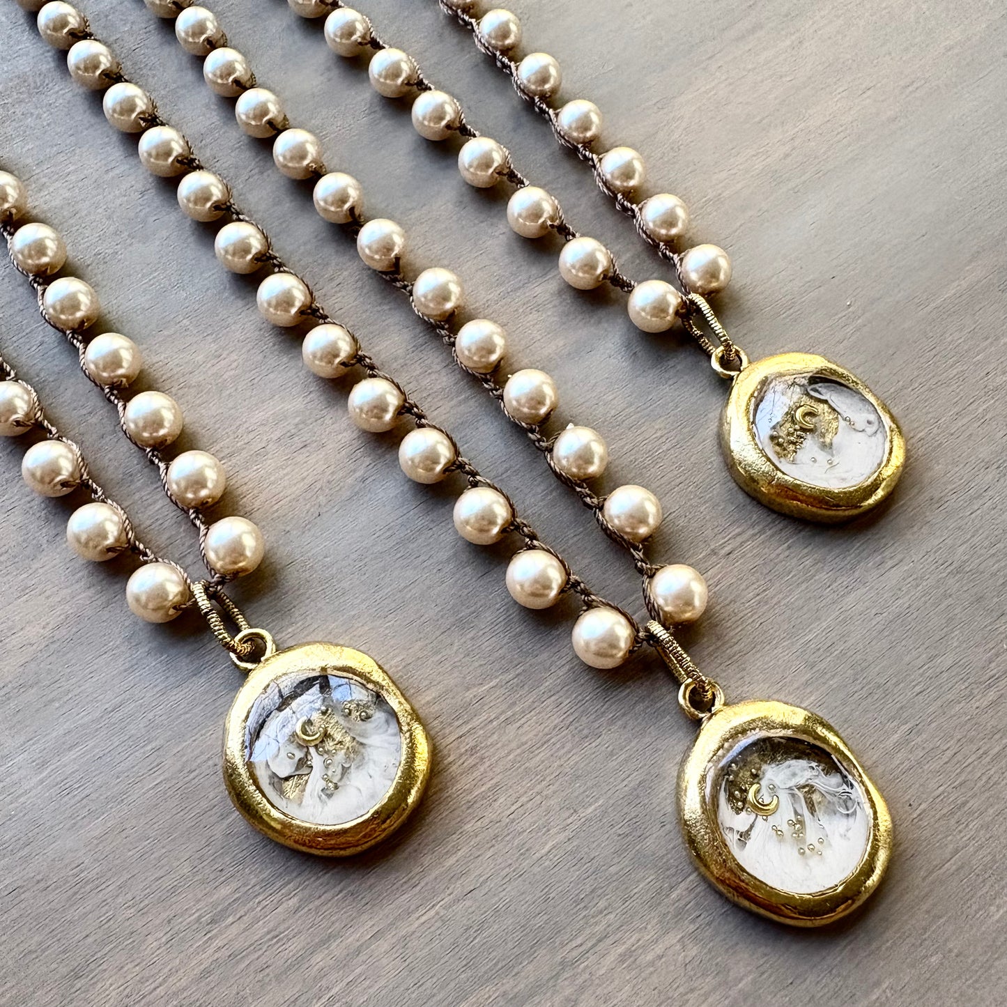 Galactic Moon Bubble Portal Pendant on Crocheted Glass Pearl Strand