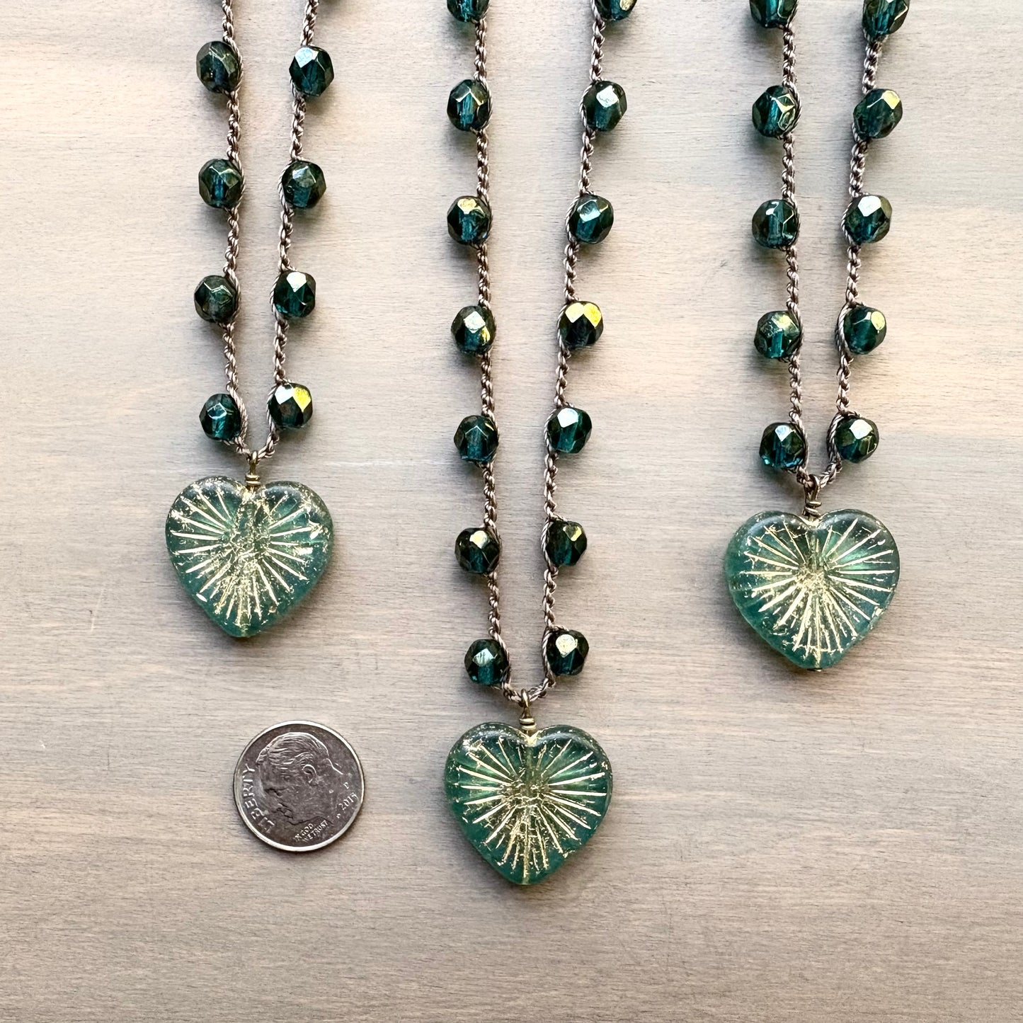 Golden Teal Green Heart of Pine Rustic Necklace With Faceted Crystal