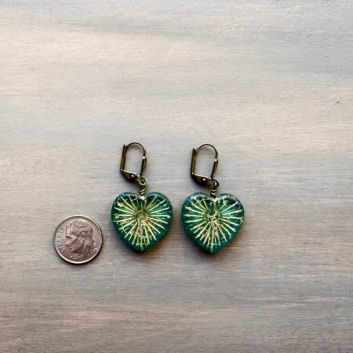 Rustic Heart Of Pine Earrings In Green With Gold Wash