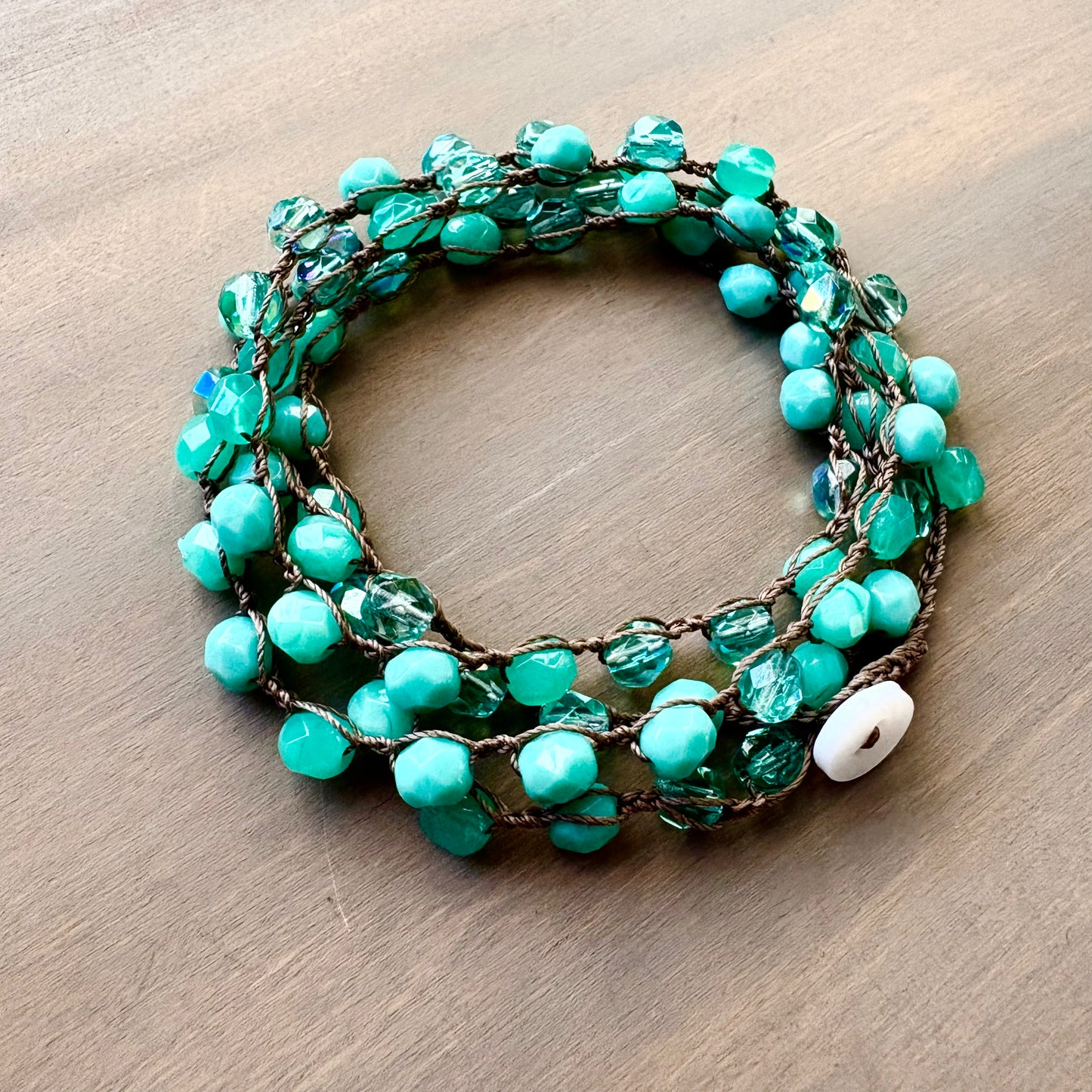 Aqua Mix Crystal Long Layering Crocheted Necklace