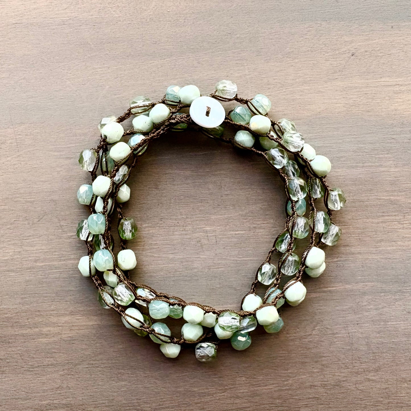 Soft Minty Greens Long Crystal Necklace To Wear Long or Wrapped