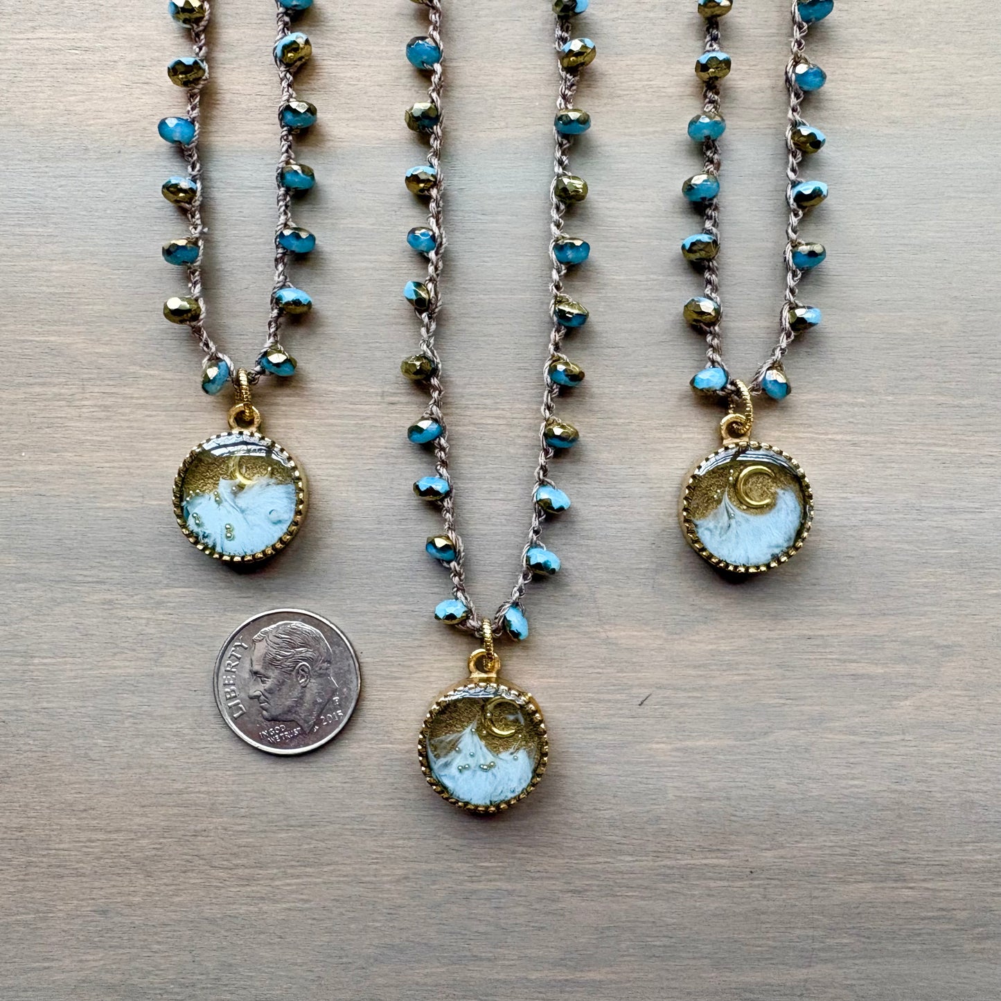 Rising Moon Mountain Portal Pendant And Crocheted Crystal Necklace