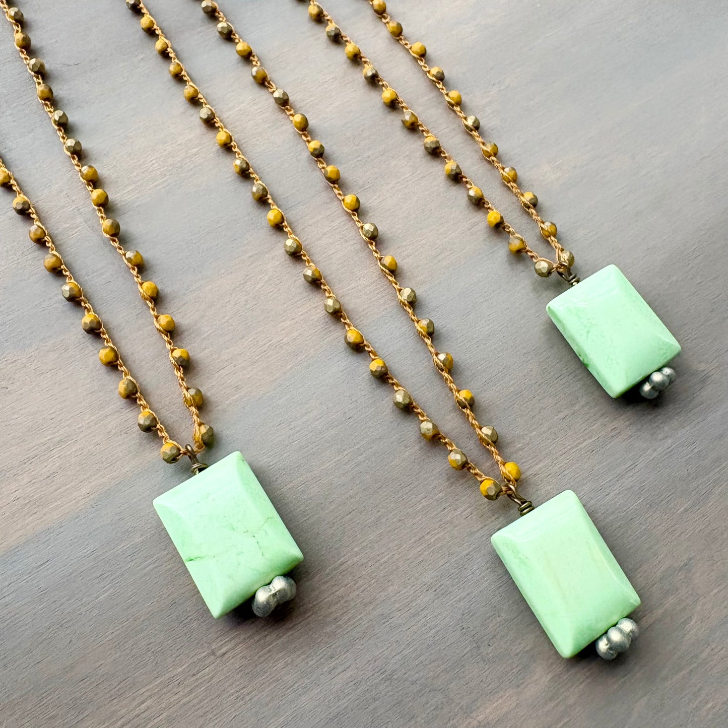 Faceted Chrysoprase Stone Pendant Necklace With Crocheted Marigold Crystal