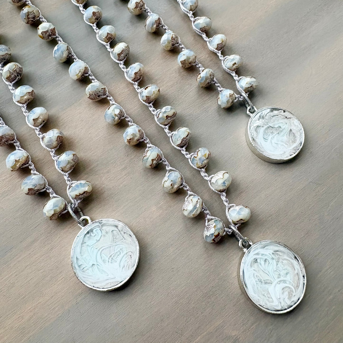 Swirling Blizzard Portal Pendant Crocheted Necklace With Frosty Crystals