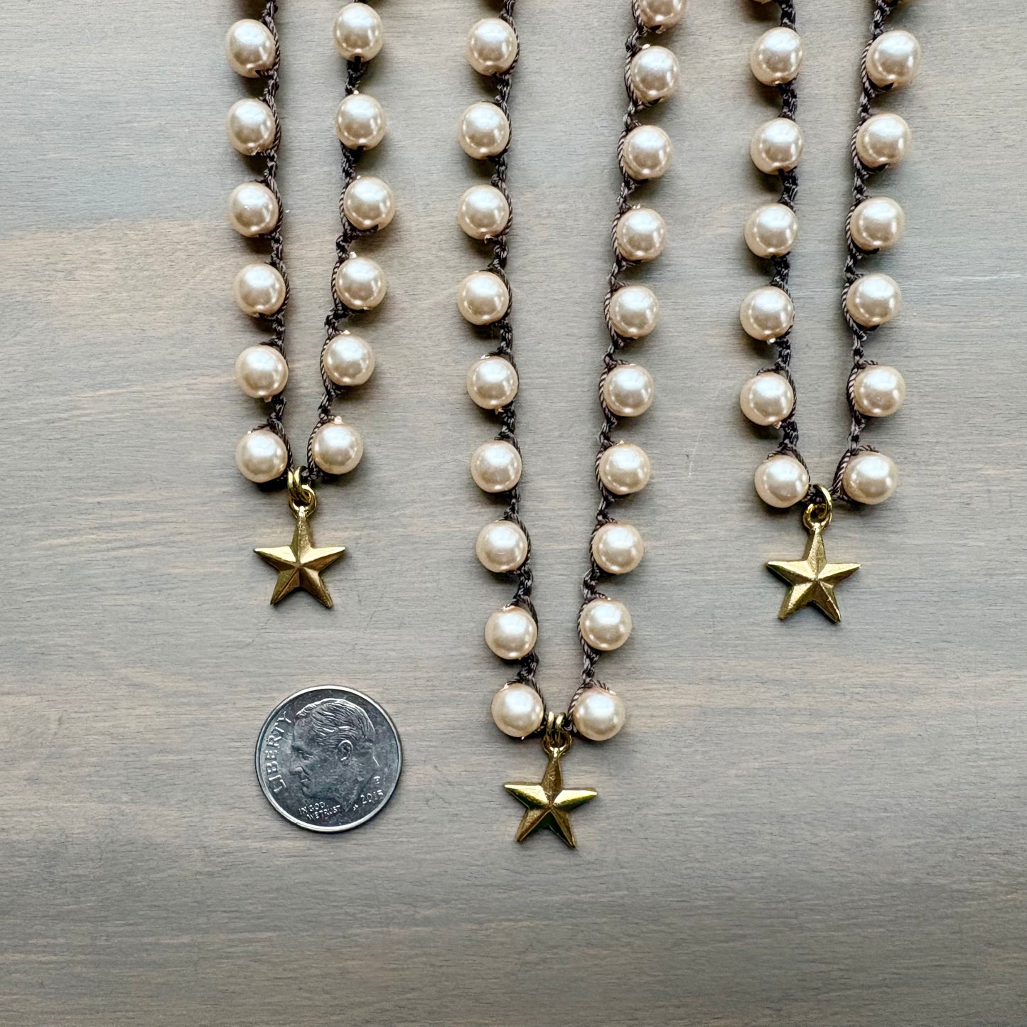Guiding Star Pendant Necklace With Crocheted Glass Pearl Strand