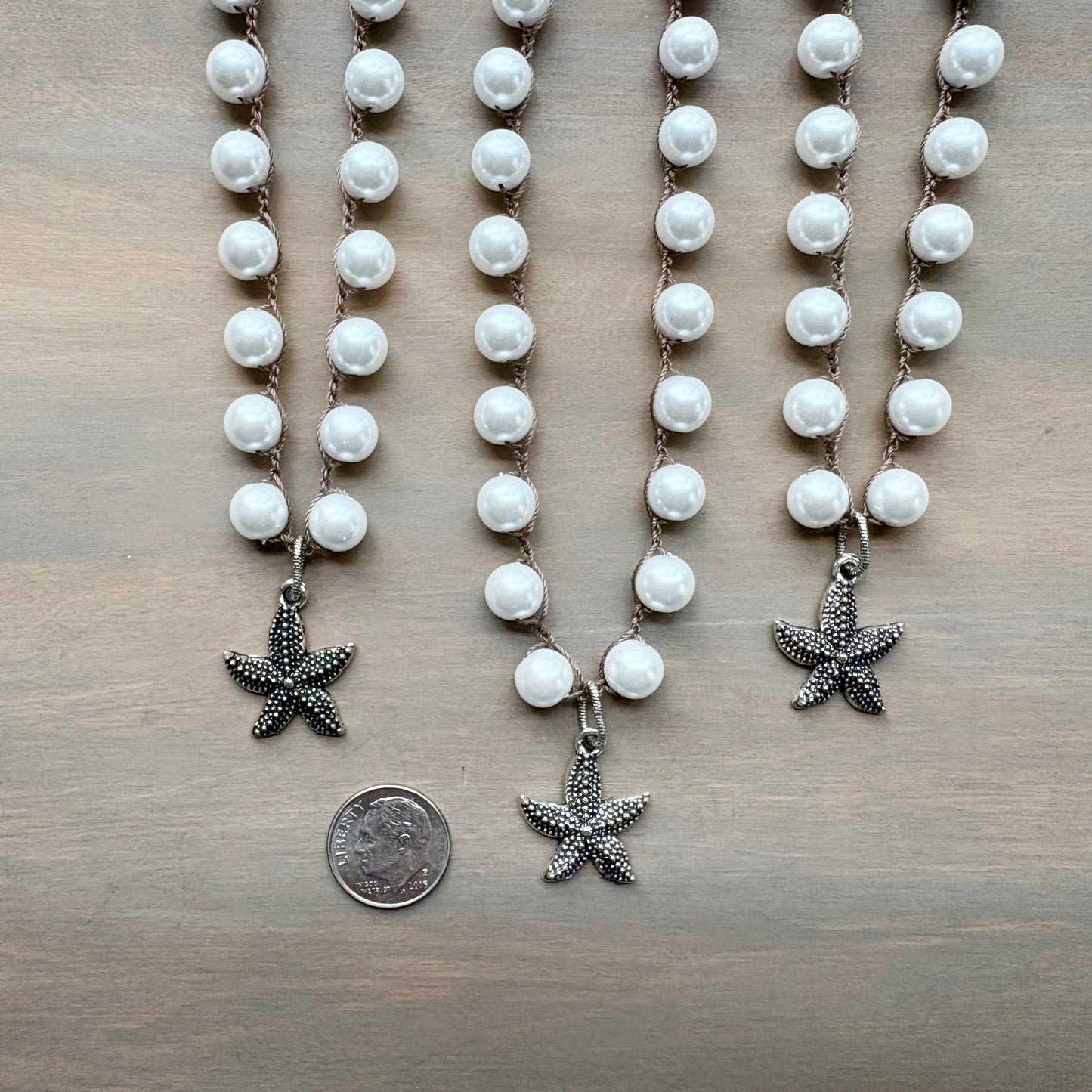 Crocheted Glass Pearl Beach Necklace with Sparkling Starfish Charm