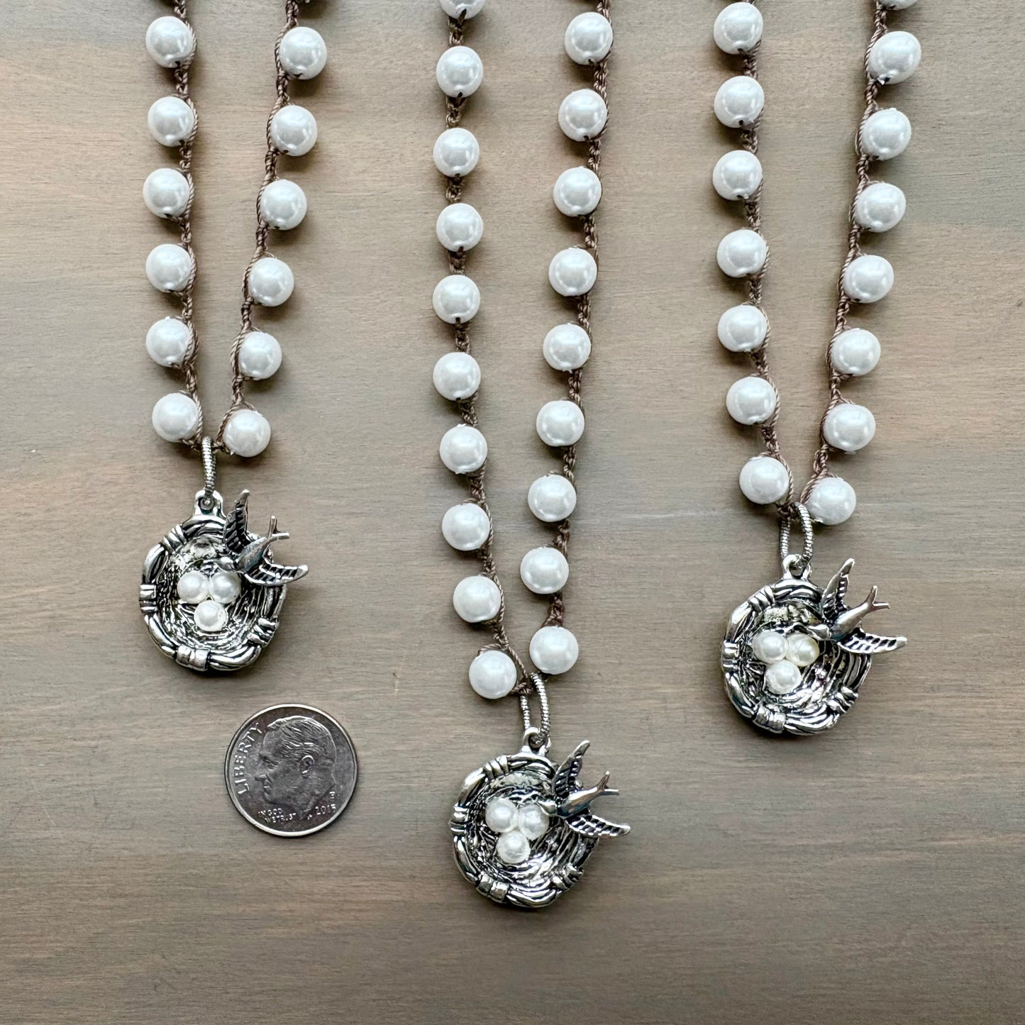 Pewter Bird Nest And Crocheted Glass Pearl Necklace