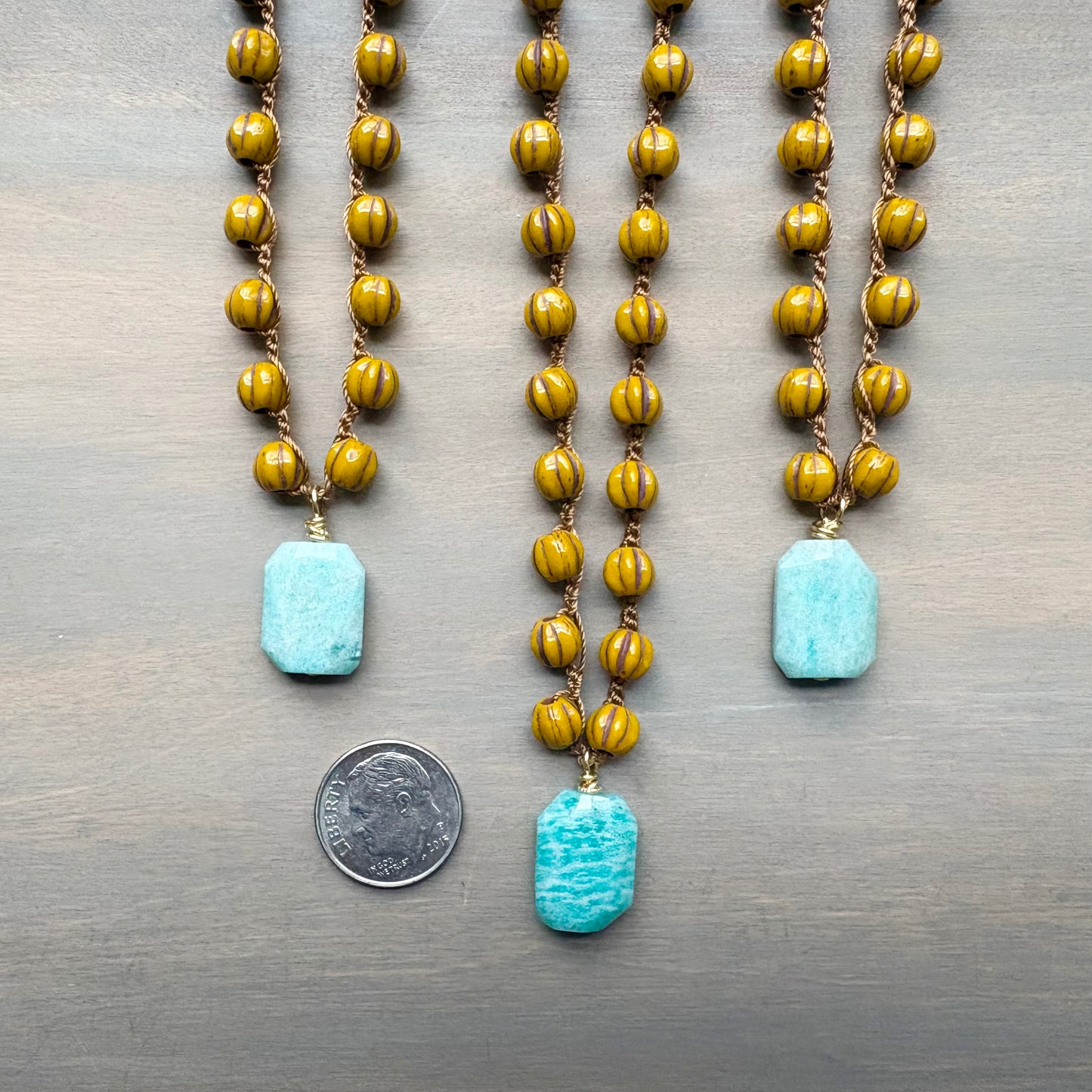 Goldenrod Glass Crocheted Necklace With Faceted Amazonite