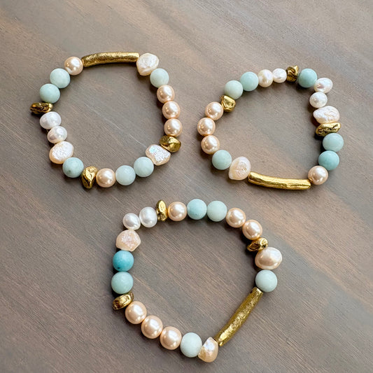 Rustic Gold Stretch Bracelet With Semi-Precious Stones and Pearls