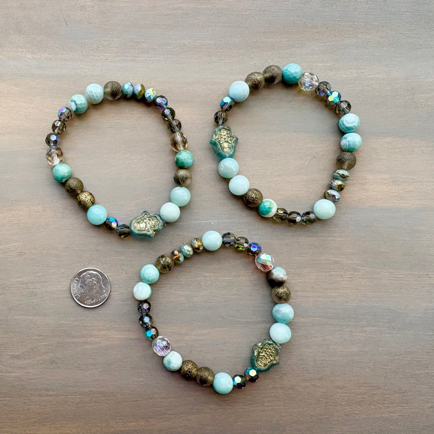 Hamsa And Amazonite Stretch Bracelet With Agate Stones