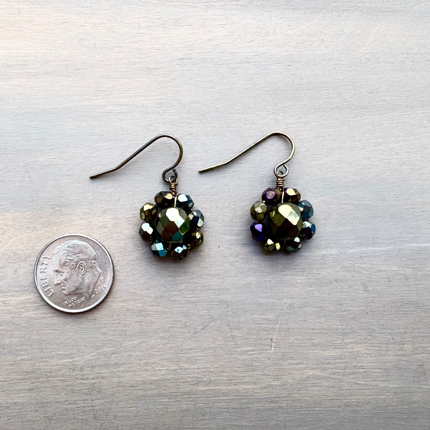 Bronzy Golden Green Crystal Flower Earrings
