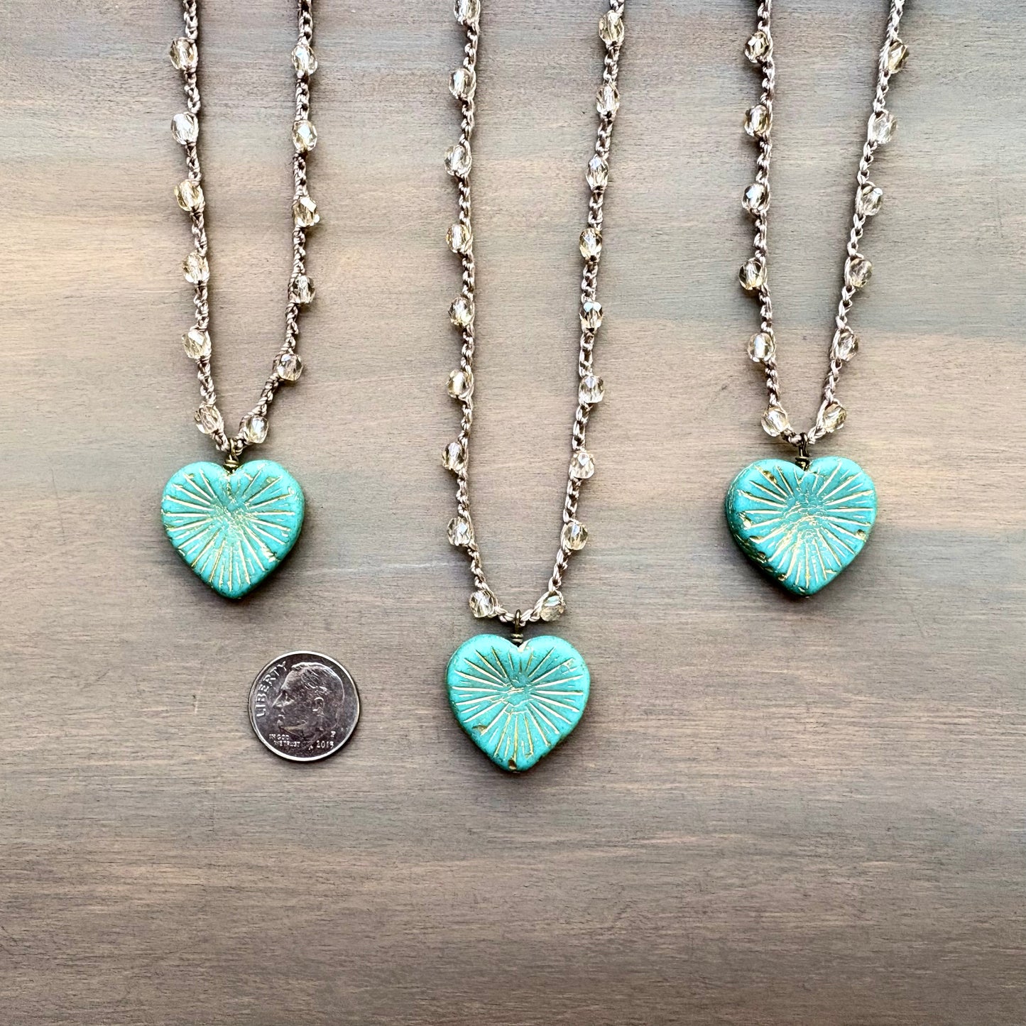 Rustic Heart Pendant Necklace With Crocheted Champagne Crystal
