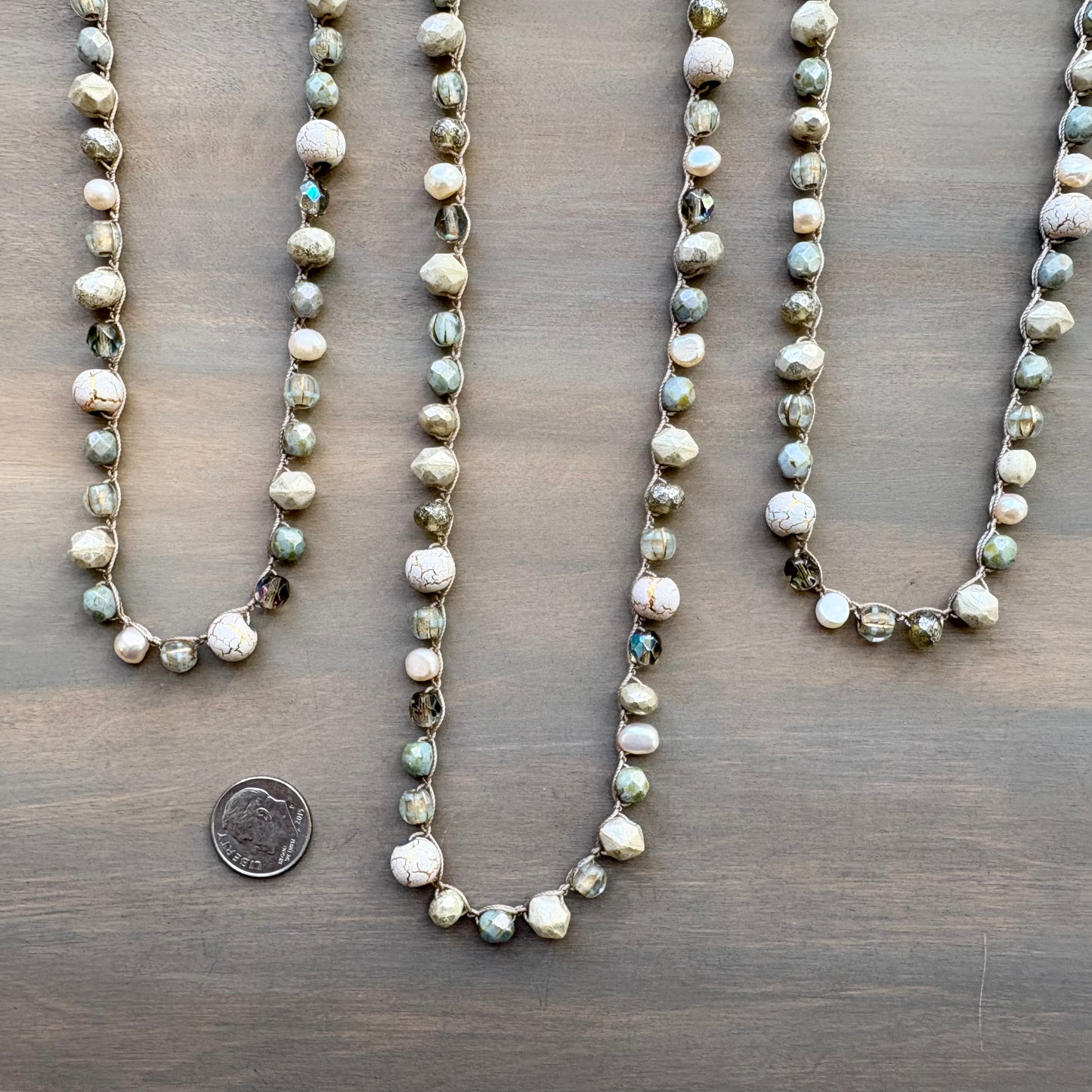 Sandy Beach Path Crocheted Necklace with Freshwater Pearls and Crystals
