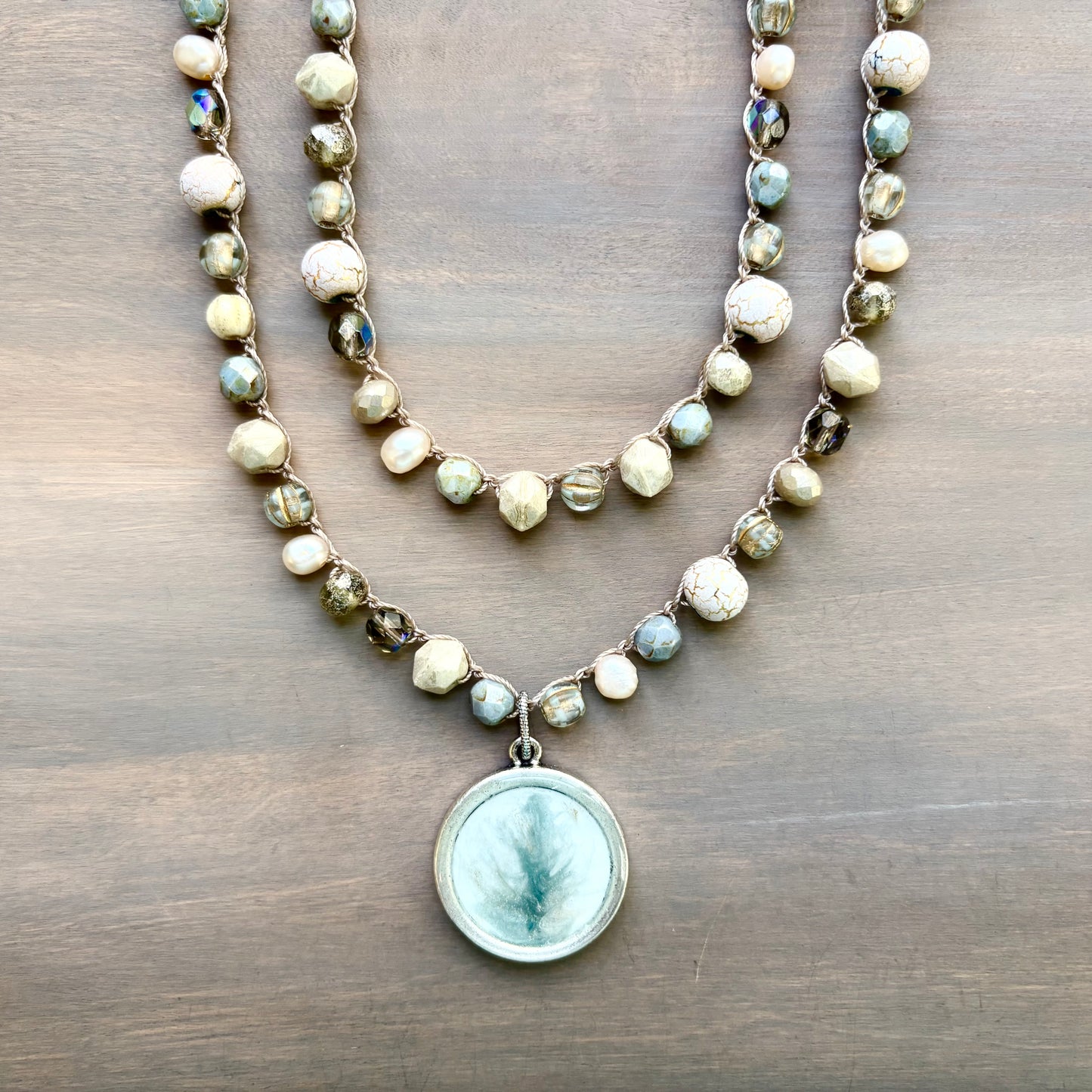 Sandy Beach Path Crocheted Portal Necklace with Freshwater Pearls