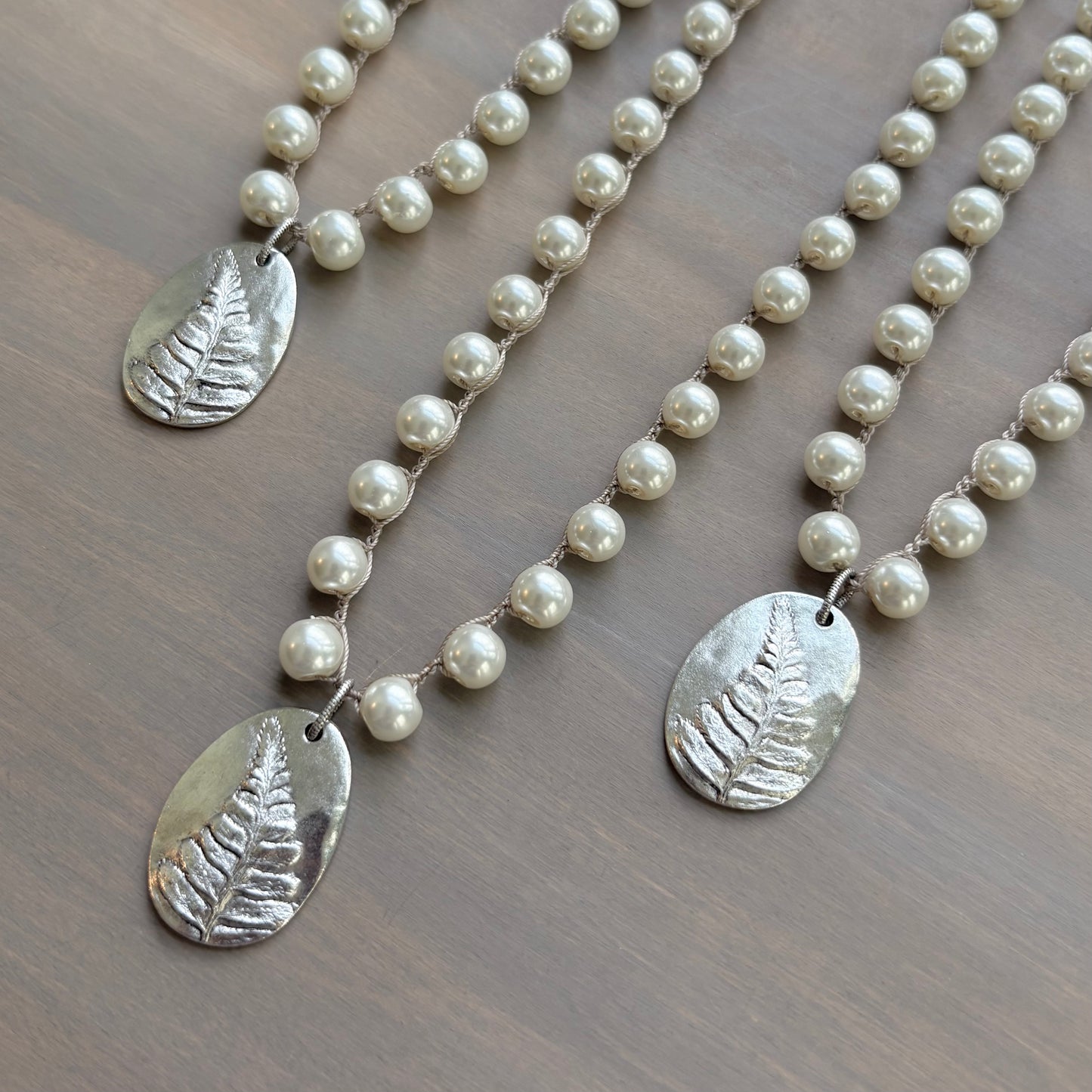 Silver Fern Leaf Botanical Pendant Necklace And Crocheted Glass Pearls