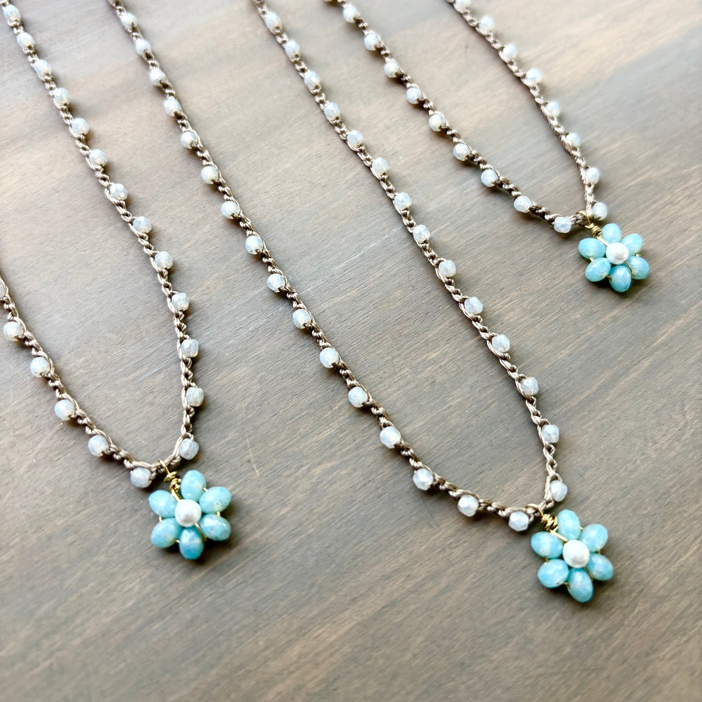 Blue Opal Beach Bloom Flower Crocheted Necklace