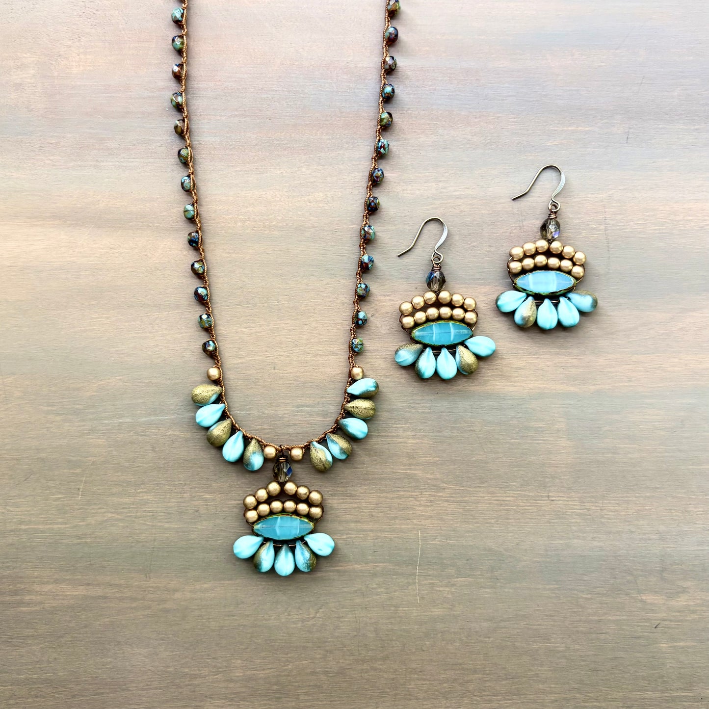 Golden Aqua Crystal Boho Beach Necklace With Crocheted Czech Crystal