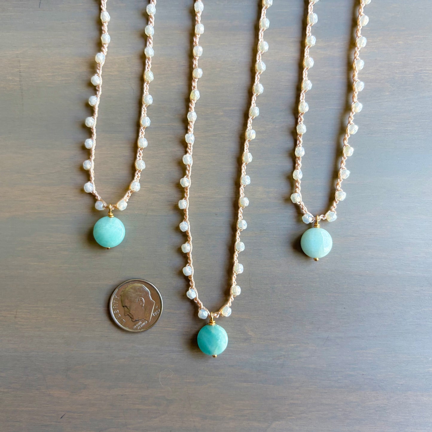Amazonite Stone And Crystal Shimmer Crocheted Beach Style Necklace