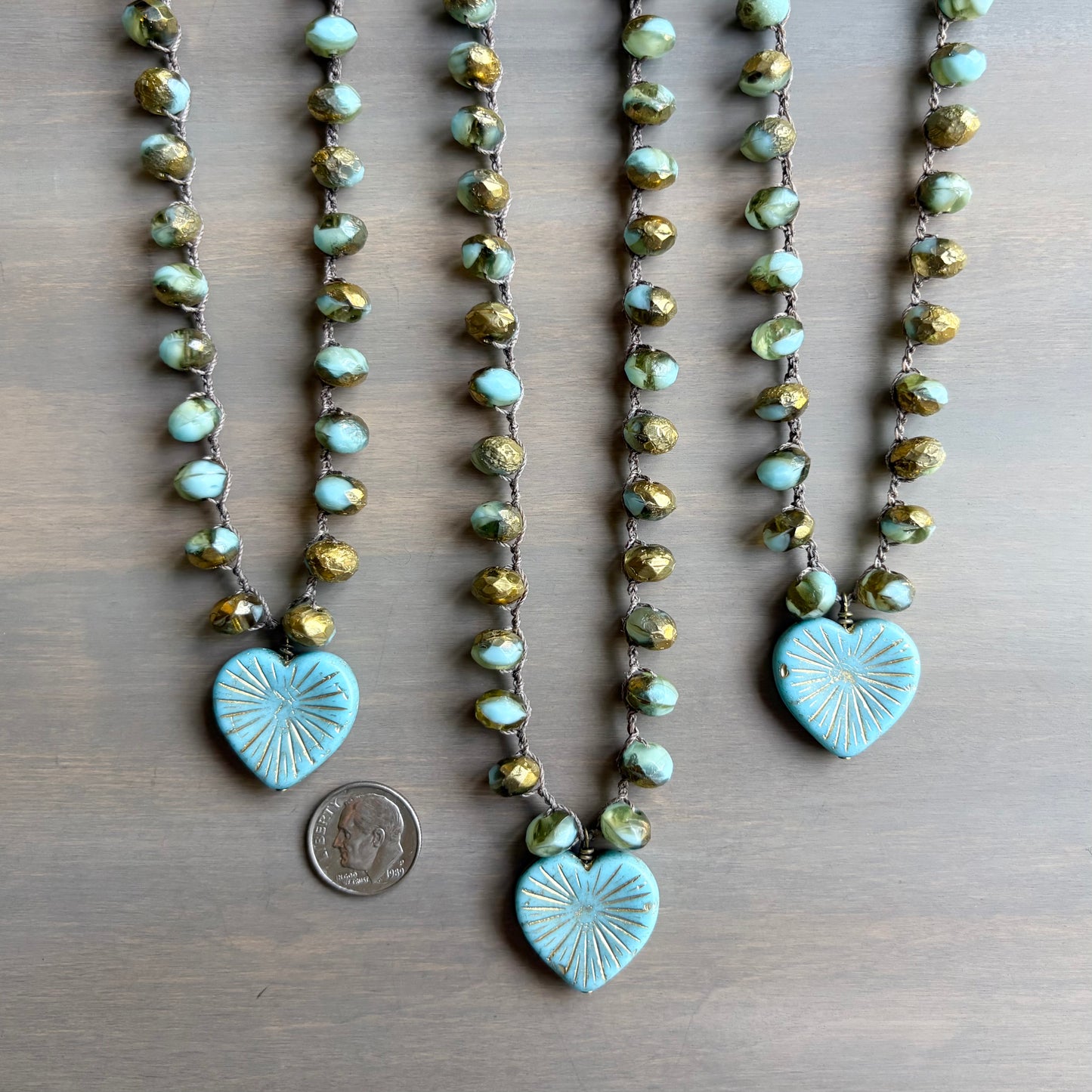 Golden Sky Blue Starburst Heart Necklace With Crocheted Czech Crystal