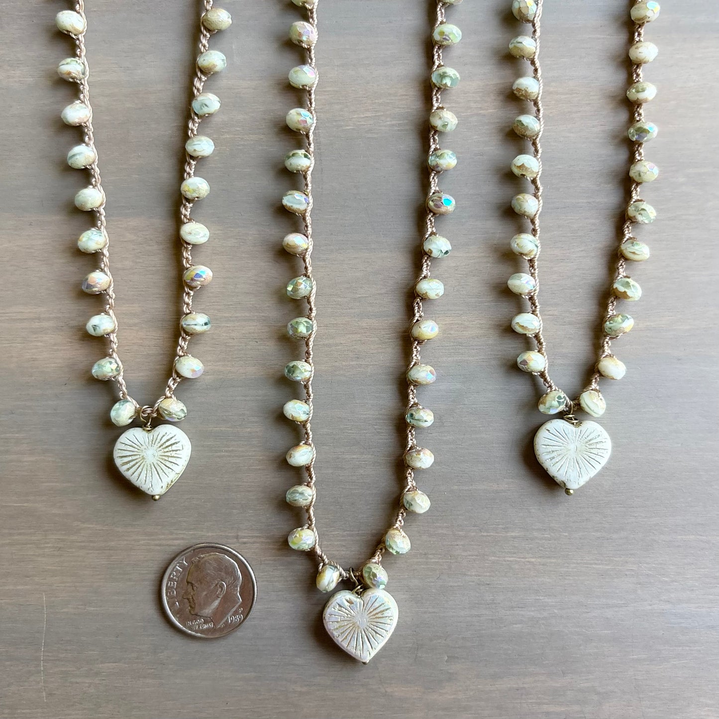 Sea Salt Starburst Heart Crocheted Necklace With Czech Crystal