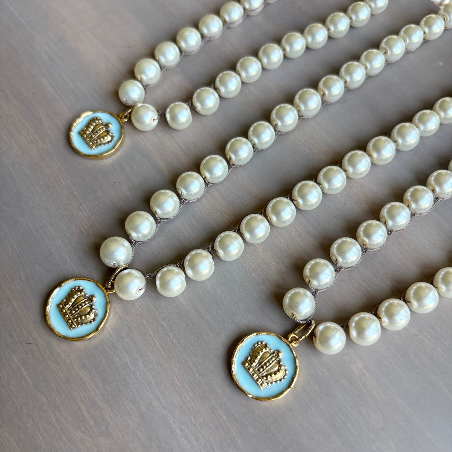 Royal Crown Pendant And Crocheted Glass Pearl Necklace