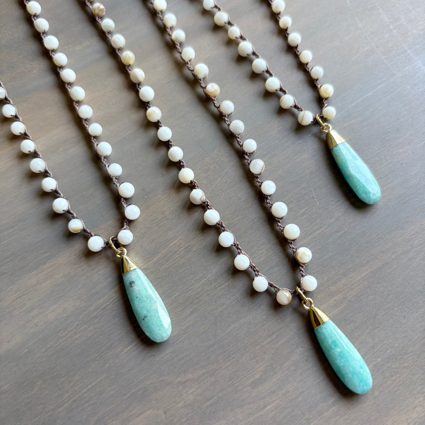 Faceted Amazonite Drop And Crocheted Mother Of Pearl Necklace