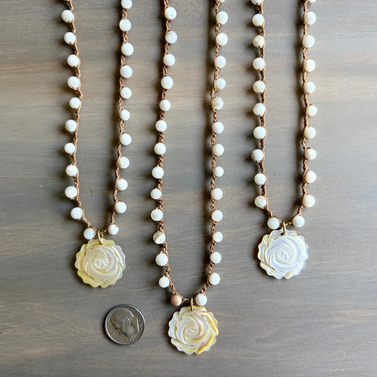 Carved Mother Of Pearl Flower Crocheted Necklace