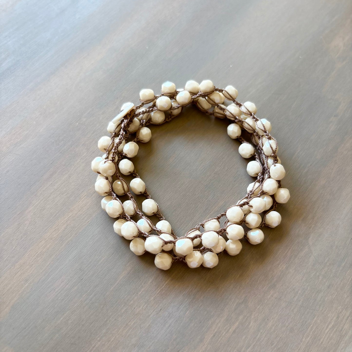 Cream Long Layering Crocheted Crystal Necklace