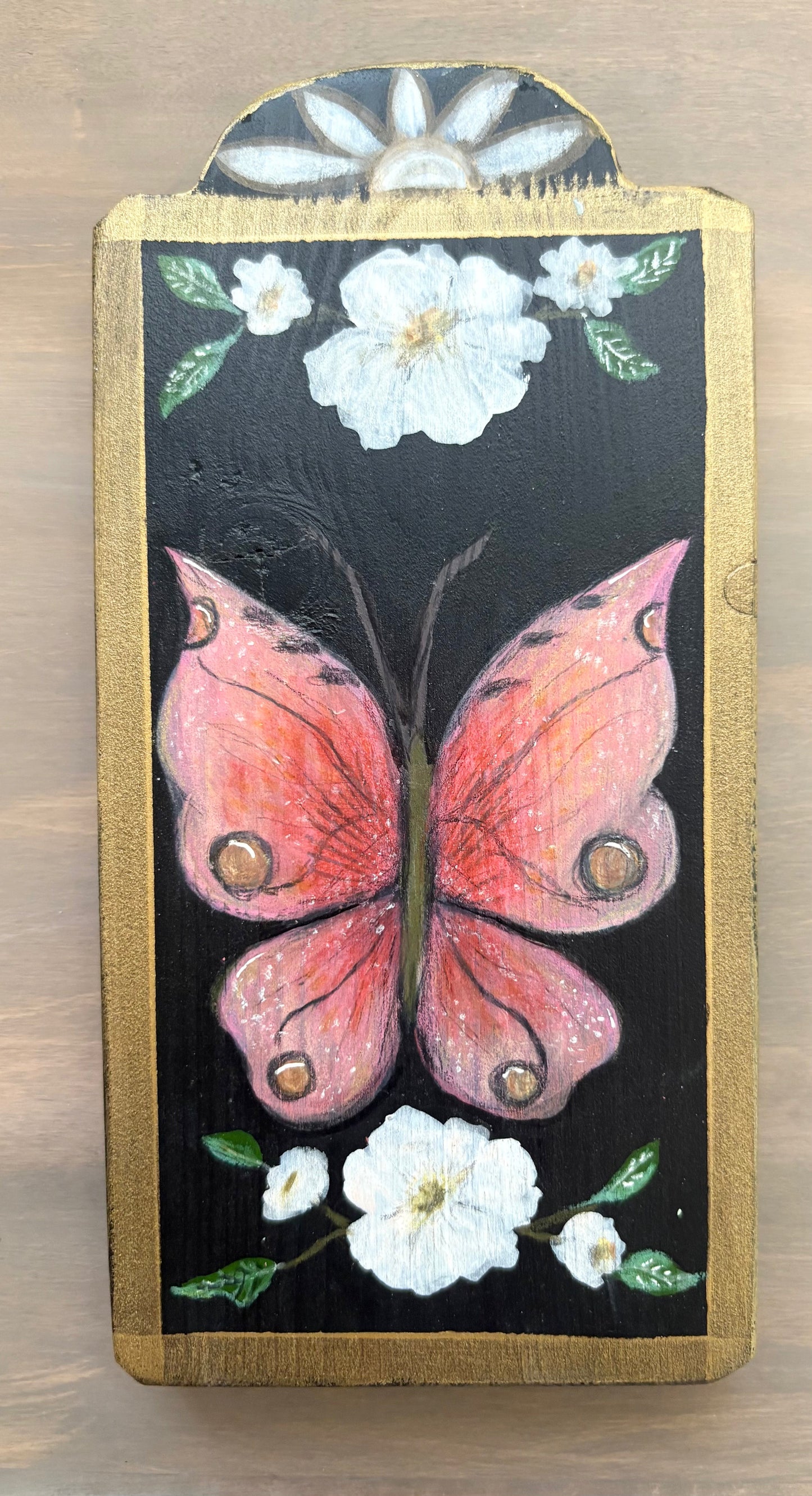 Pink Rose Butterfly Moth Hand Painted Plaque Home Decor