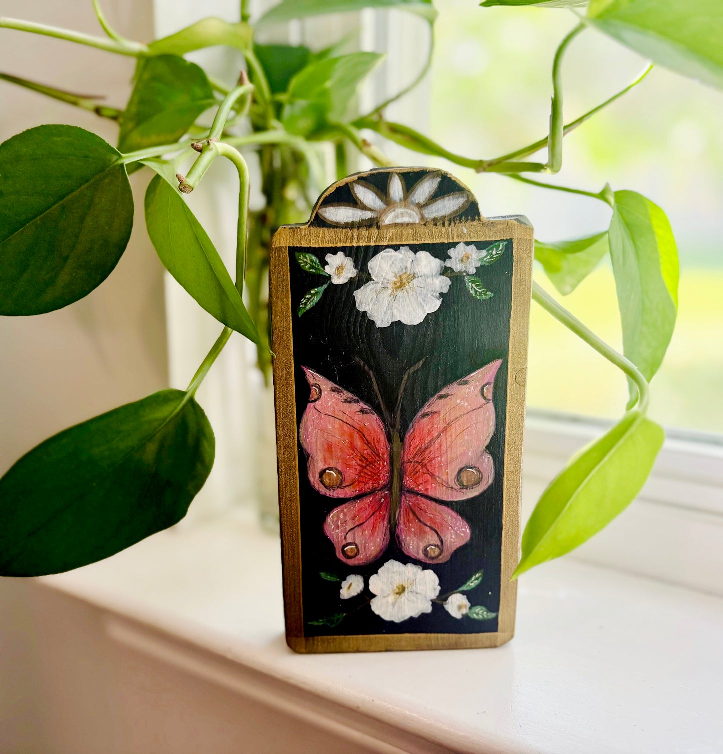 Pink Rose Butterfly Moth Hand Painted Plaque Home Decor