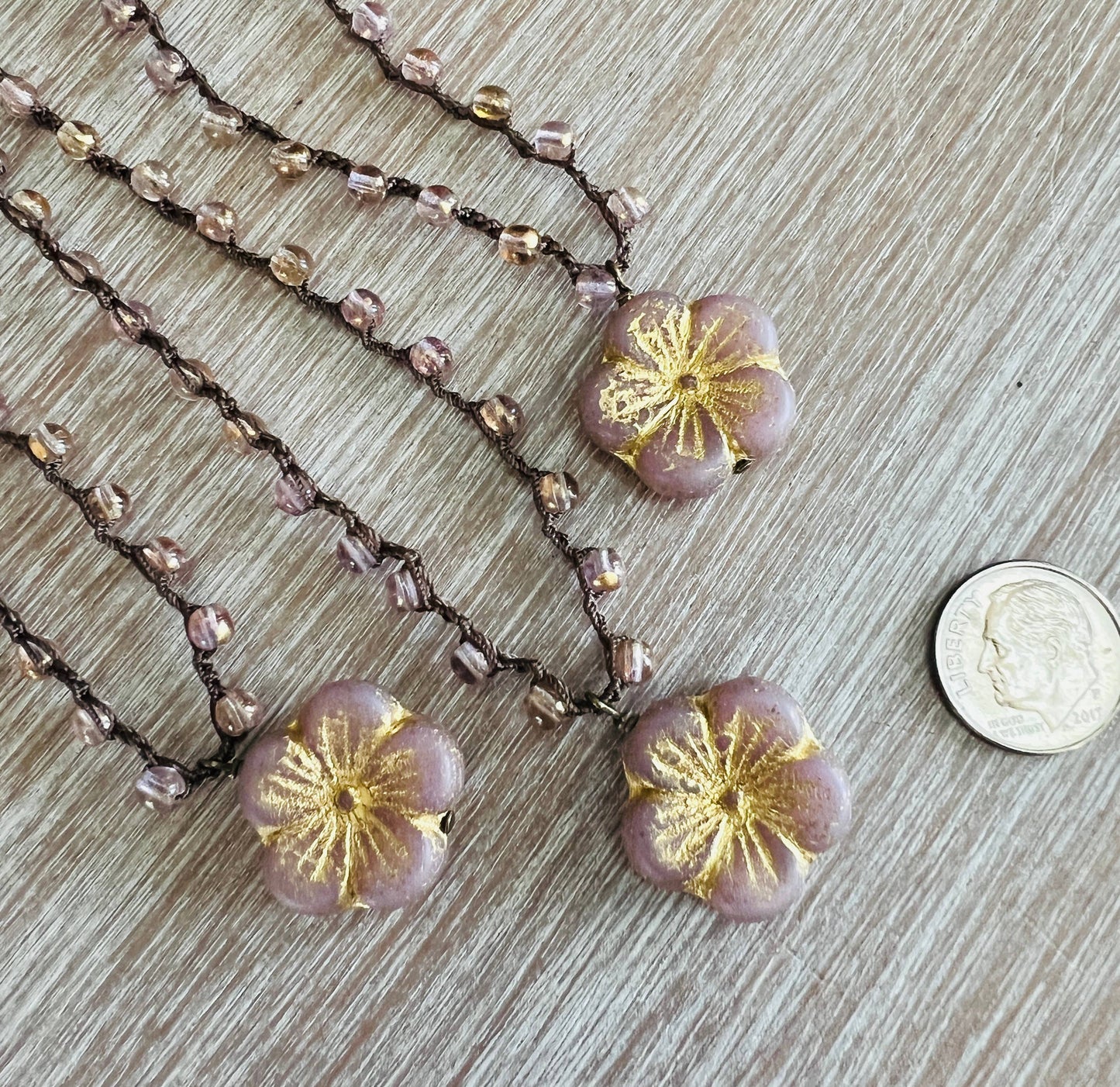 Pink Glass Crystal Flower Necklace With Golden Shimmer
