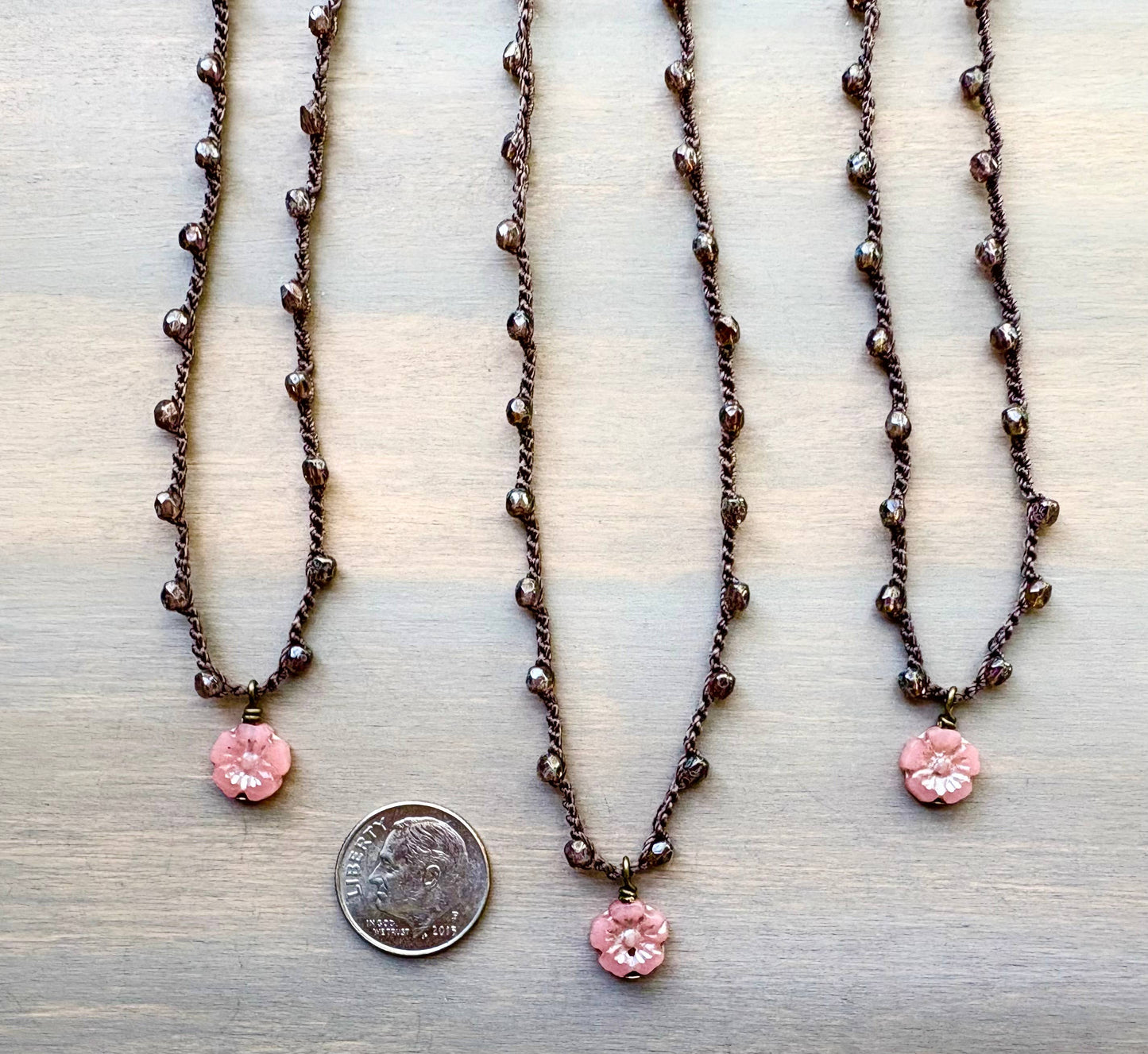 Tiny Antique Apricot Glass Flower On Czech Crystal Strand