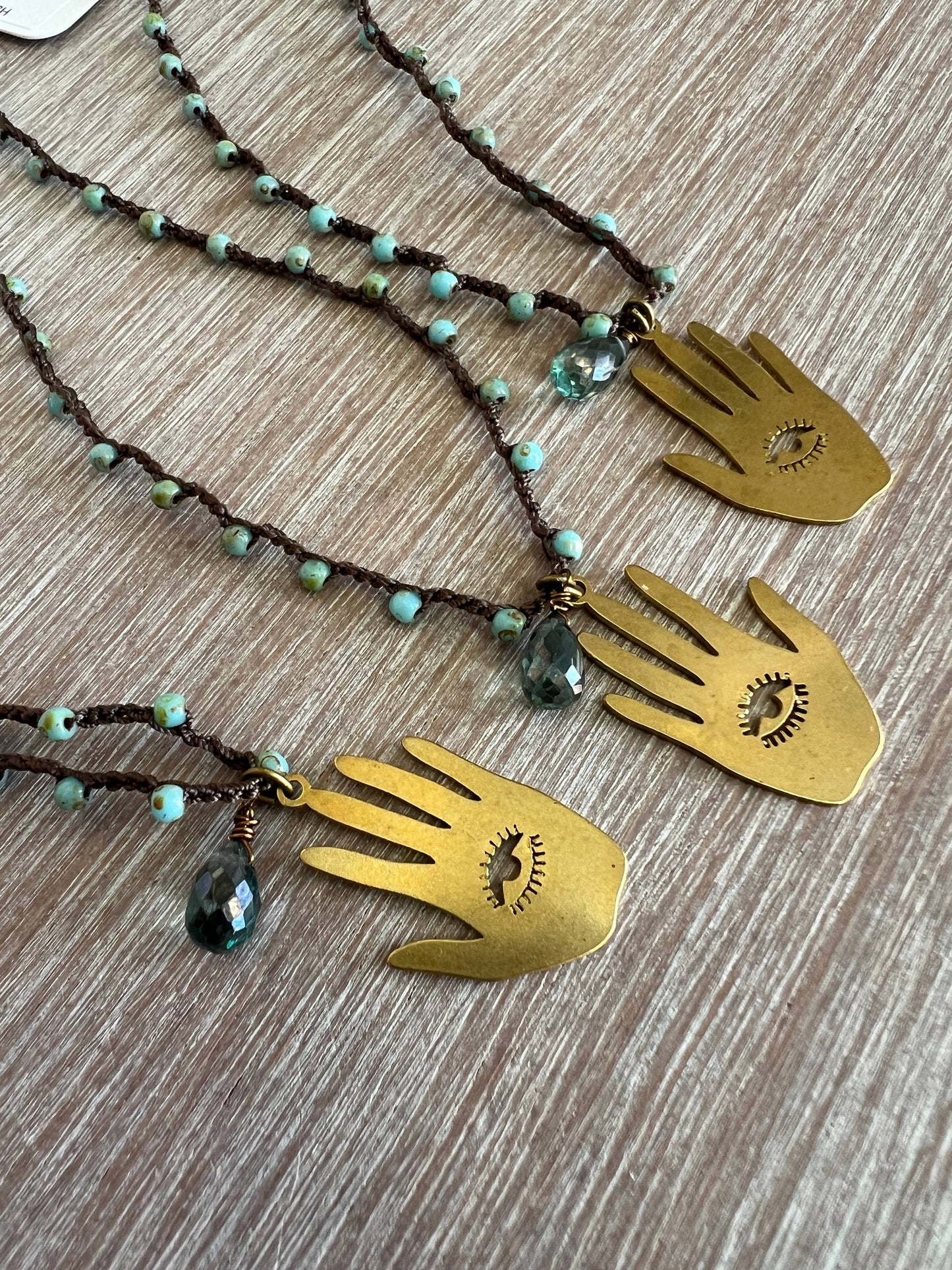 Hamsa Hand Necklace With Green Quartz Drop
