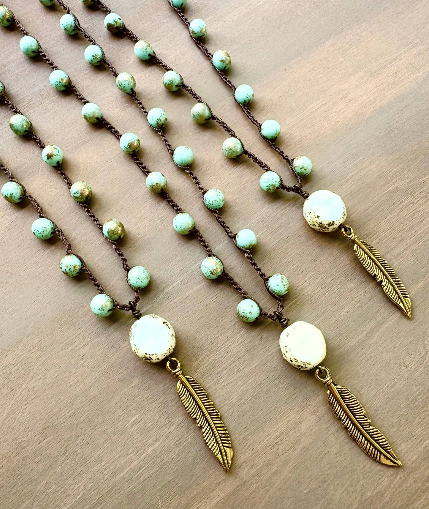 Moon Feather Drop on Czech Crystal Crocheted Necklace