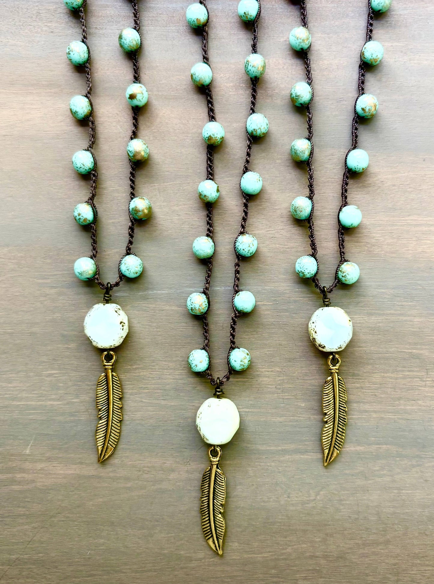 Moon Feather Drop on Czech Crystal Crocheted Necklace