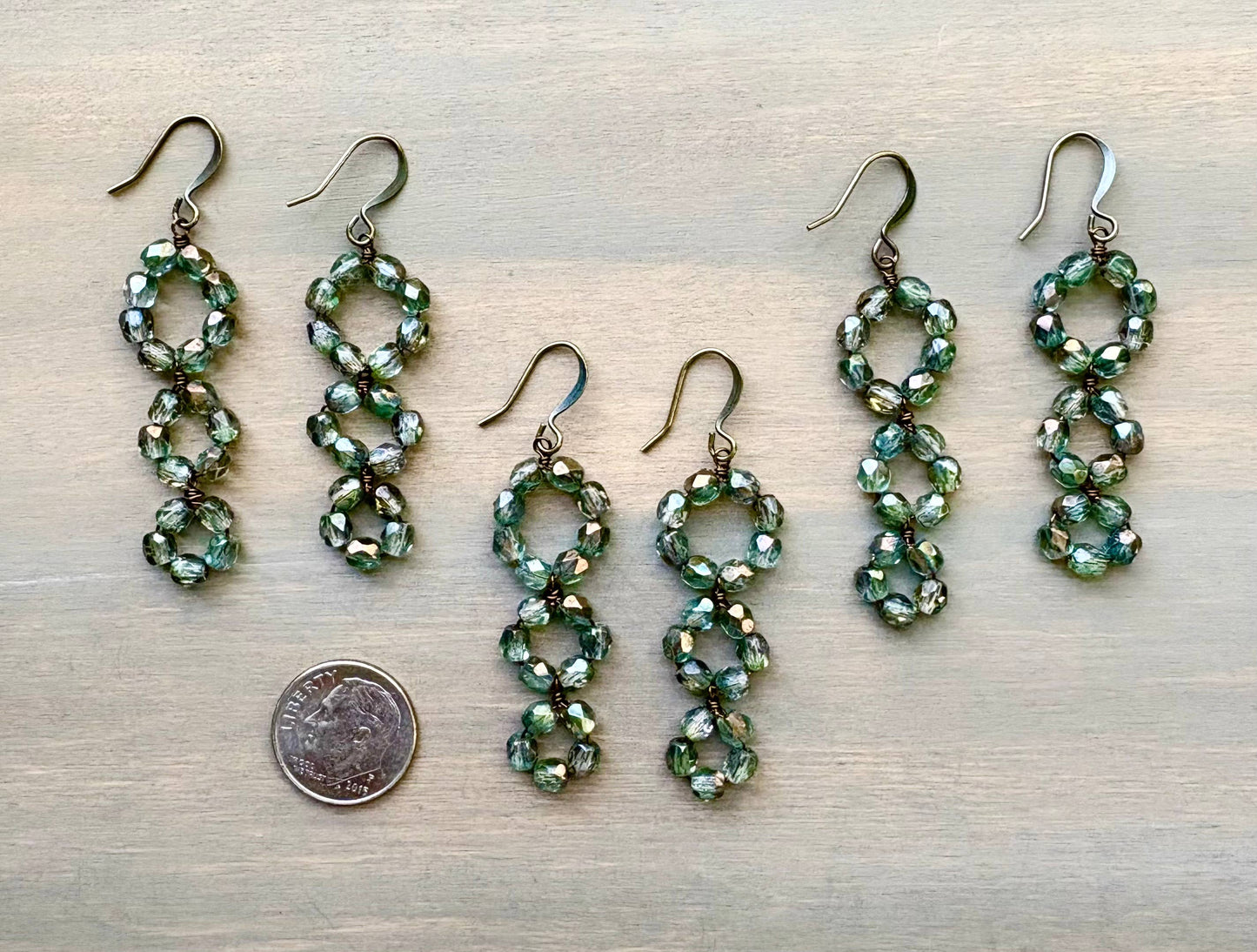 Sea Green And Grey Triple Loop Crystal Beach Earrings