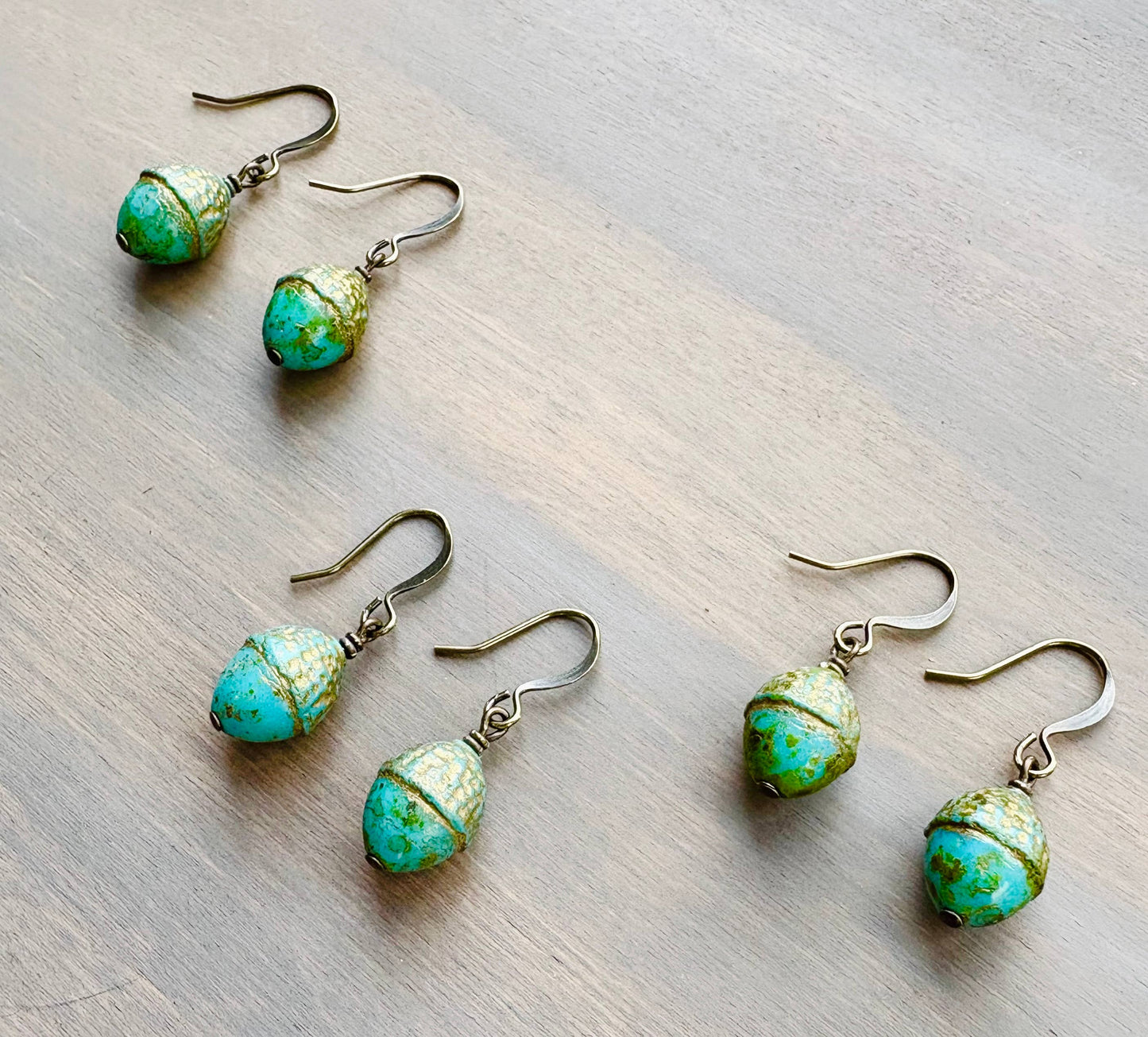 Antiqued Acorn Drop Earrings In Shimmering Aqua