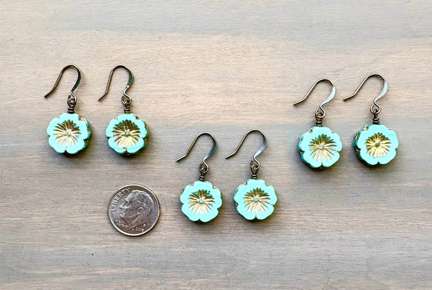 Golden Aqua Pressed Glass Flower Earrings