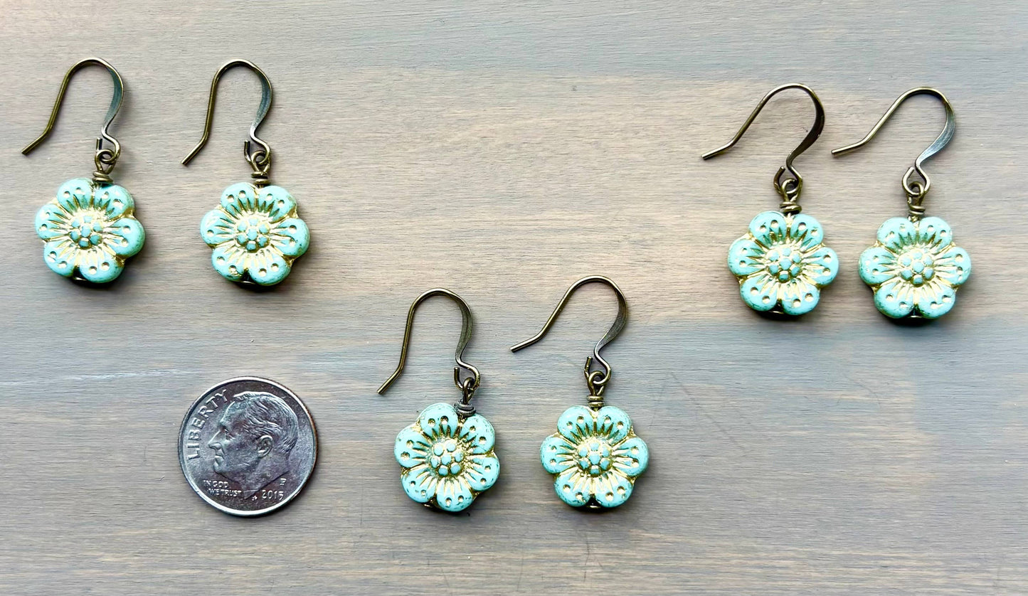 Mint Wild Rose Earrings With Golden Spring Glimmer