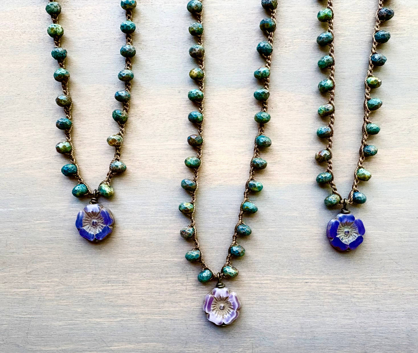Earthen Beauty Crocheted Necklace With Lavender Glass Flower